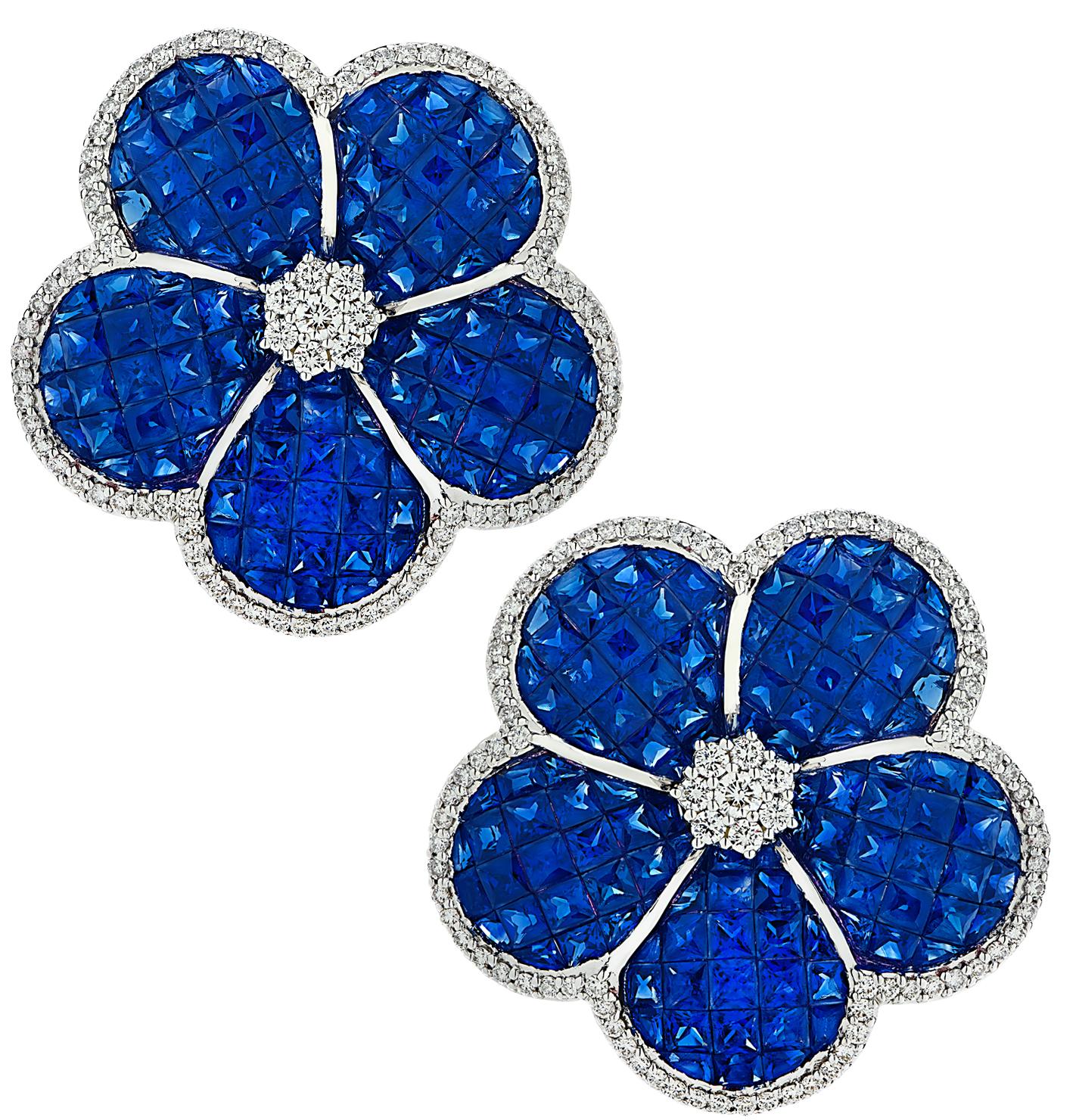 French Cut Vivid Diamonds 22.05 Carat Sapphire & Diamond Flower Earrings For Sale