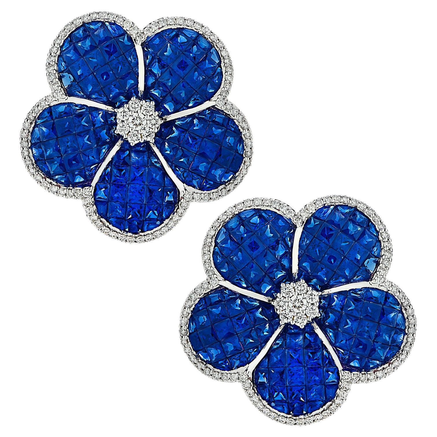 Vivid Diamonds 22.05 Carat Sapphire & Diamond Flower Earrings