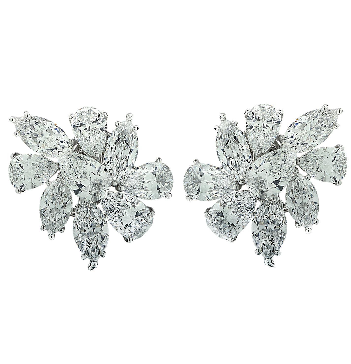 Sensational Vivid Diamonds Cluster Earrings crafted by hand in platinum, showcasing 18 mixed pear shape and marquise cut diamonds weighing approximately 25.02 carats total, D-E color SI clarity. Each diamond was carefully selected, perfectly matched