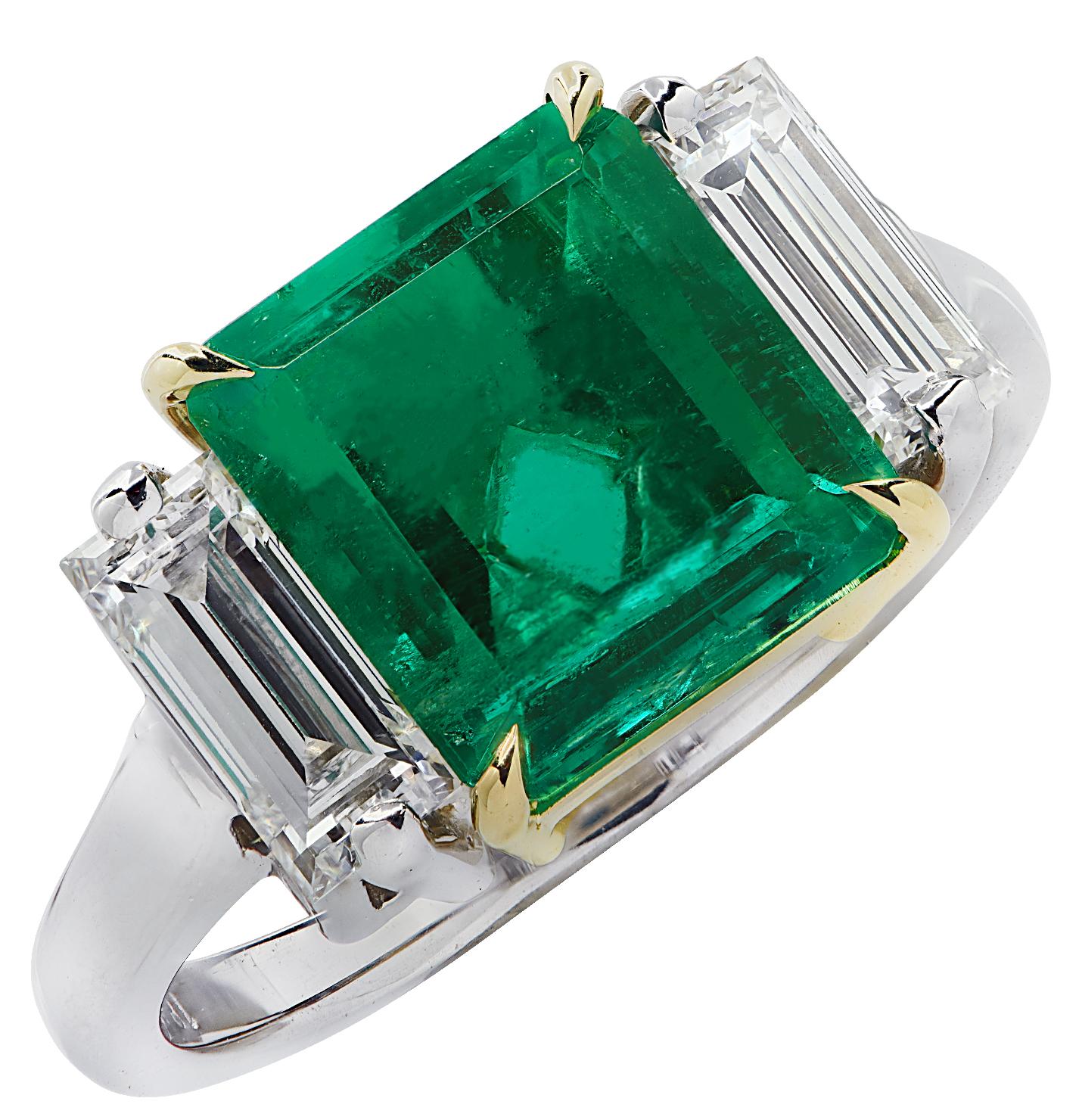 Emerald Cut Vivid Diamonds 2.67 Carat AGL Certified Emerald and Diamond Ring For Sale