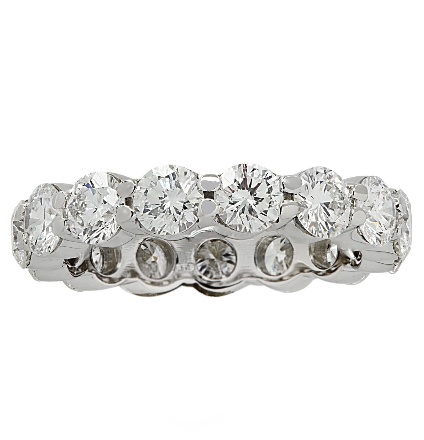 Exquisite eternity band crafted in Platinum, showcasing 15 stunning round brilliant cut diamonds weighing 2.7 carats total, G color, VS-SI clarity. Each diamond is carefully selected, perfectly matched and set in a seamless sea of eternity, creating