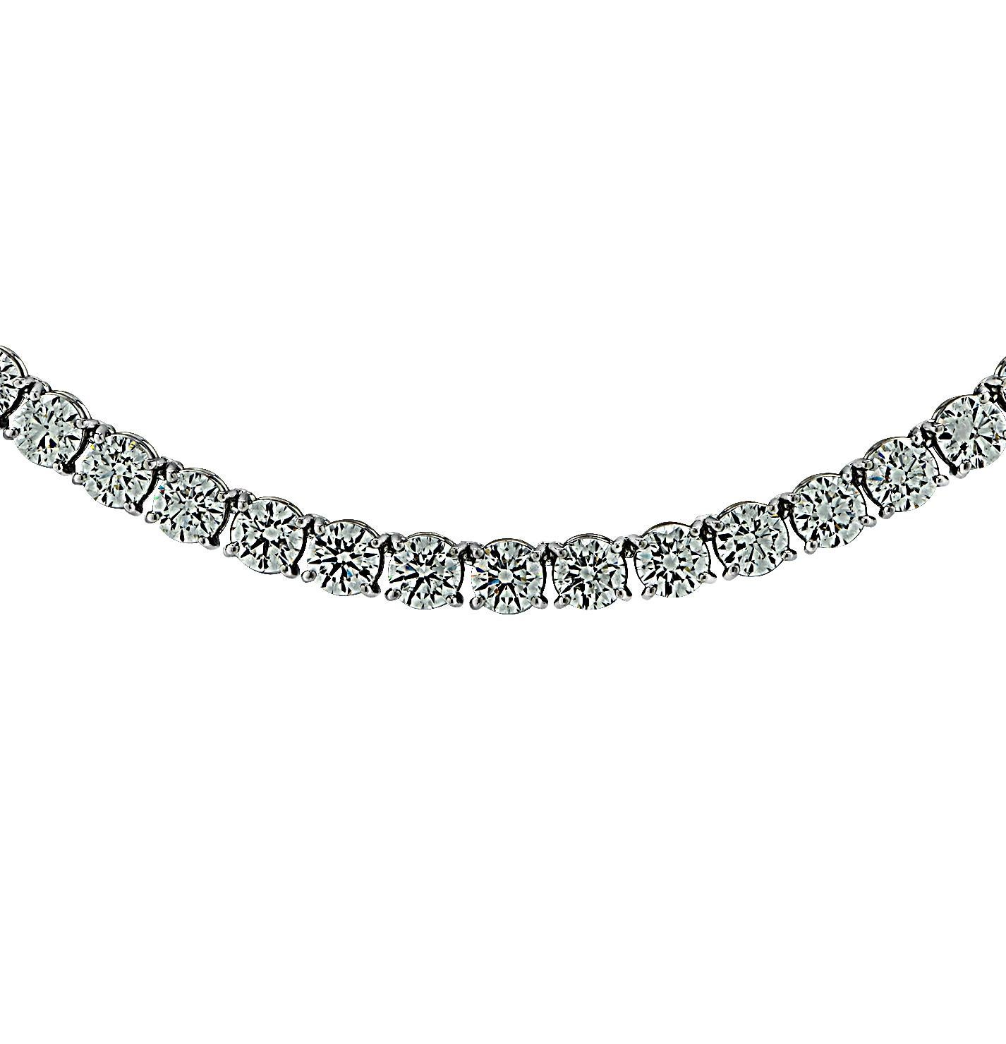 Exquisite Vivid Diamonds Straight Line diamond tennis necklace crafted in Platinum, showcasing 107 round brilliant cut diamonds weighing 28 carats, D-E color, VS2-SI1 Clarity. Each diamond was carefully selected, perfectly matched and set in a