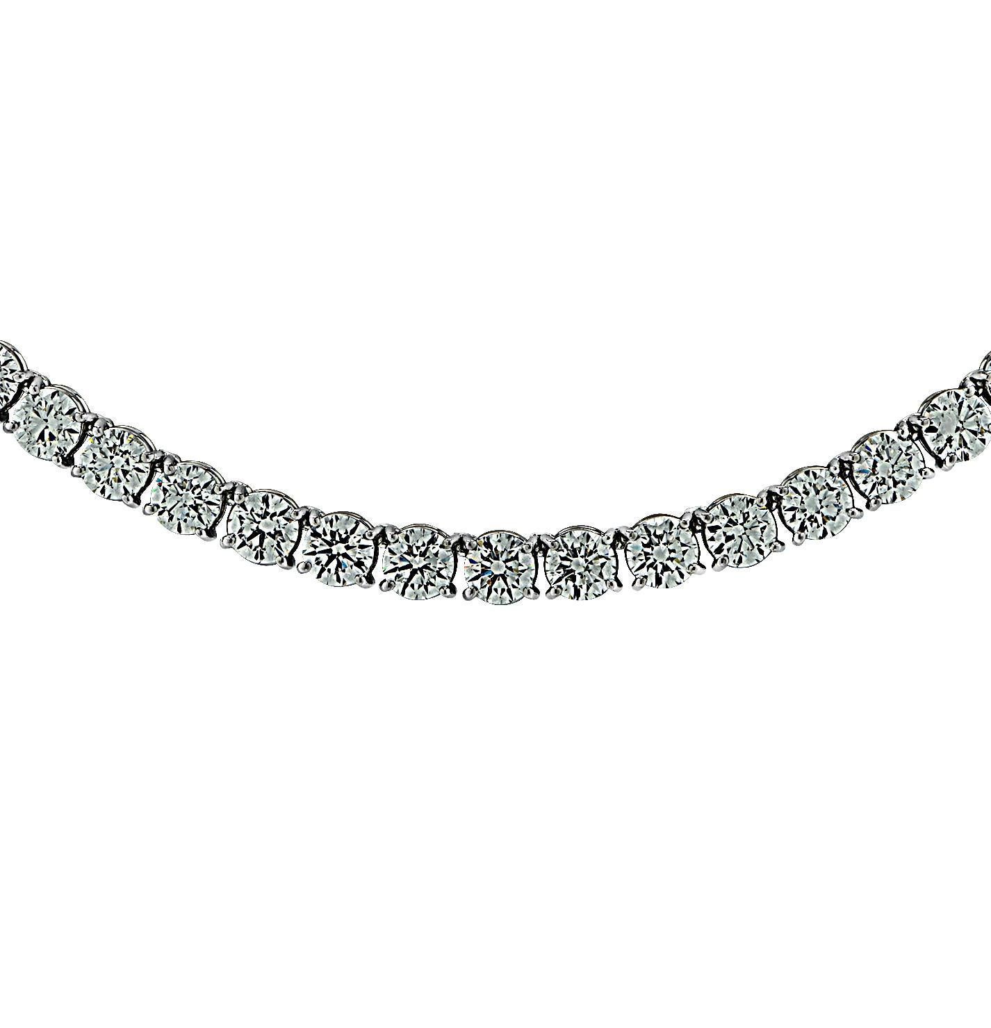 Exquisite Vivid Diamonds Straight Line diamond tennis necklace crafted in Platinum, showcasing 107 round brilliant cut diamonds weighing 28 carats, D-E color, VS2-SI1 Clarity. Each diamond was carefully selected, perfectly matched and set in a