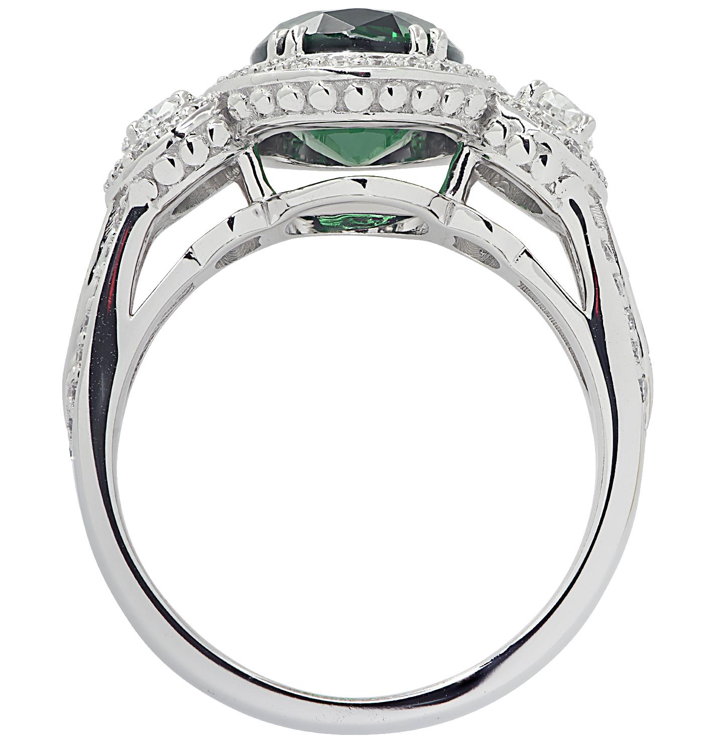 Oval Cut Vivid Diamonds 3.38 Carat Tsavorite and Diamond Ring For Sale