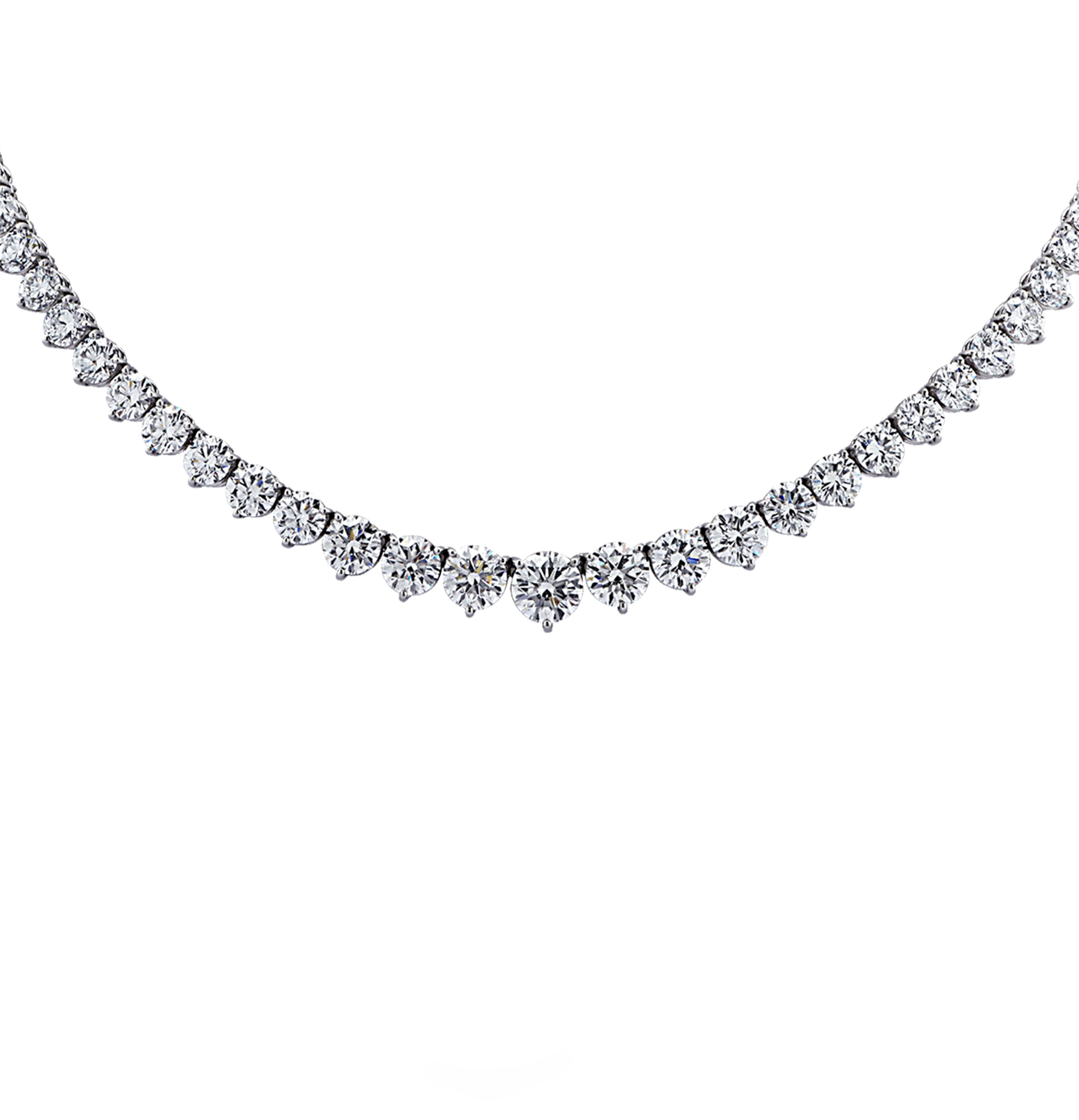 Exquisite Vivid Diamonds diamond Riviera necklace crafted in platinum, showcasing 84 round brilliant cut diamonds weighing 37.03 carats total, E-H color, VS-SI Clarity. Eleven of the largest diamonds are certified by the GIA. The diamonds are set in