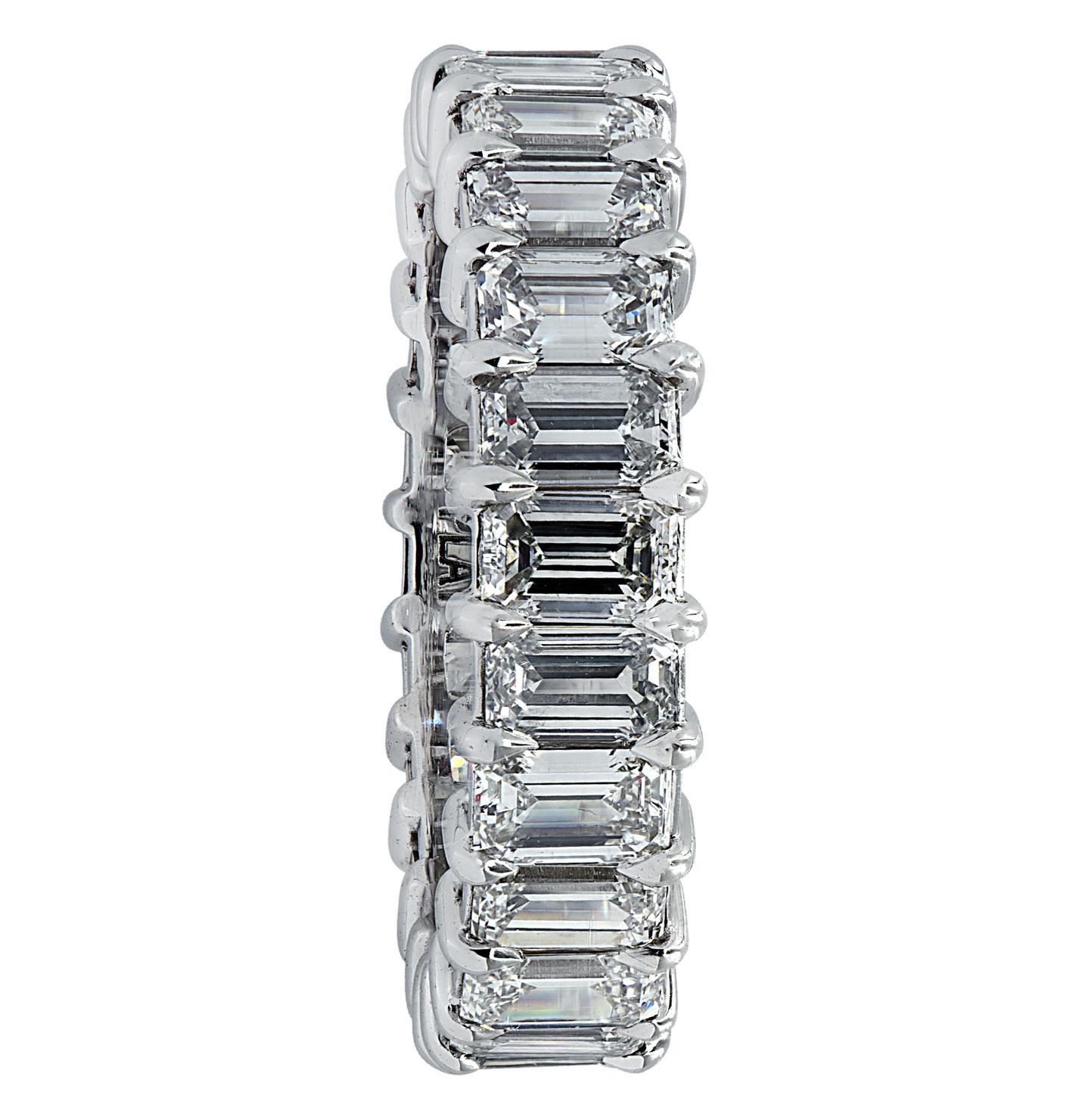 Exquisite Vivid Diamonds eternity band crafted by hand in Platinum, showcasing 24 stunning emerald cut diamonds weighing 3.77 carats total, F color, VS clarity. Each diamond was carefully selected, perfectly matched and set in a seamless sea of