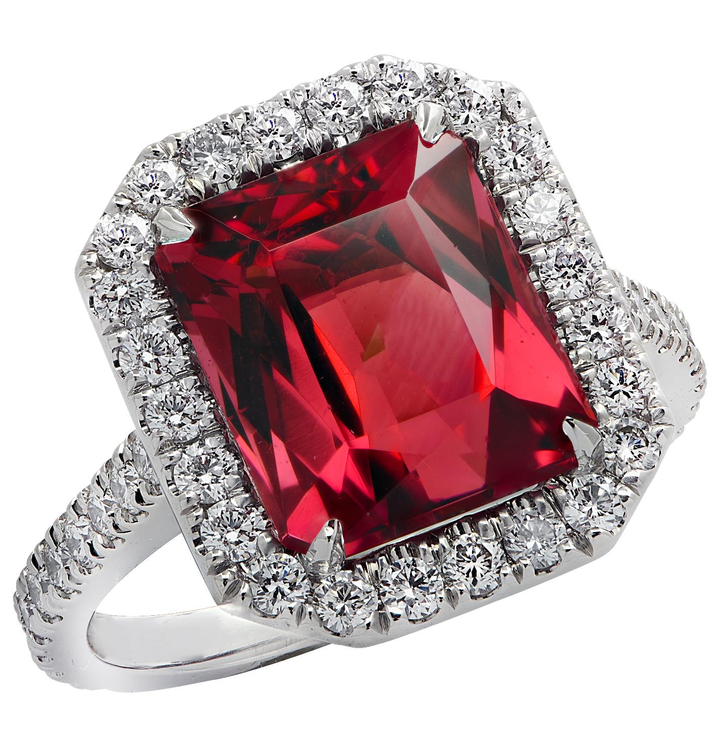 Vivid Diamonds 3.90 Carat Rubelite Tourmaline and Diamond Halo Engagement Ring In New Condition In Miami, FL