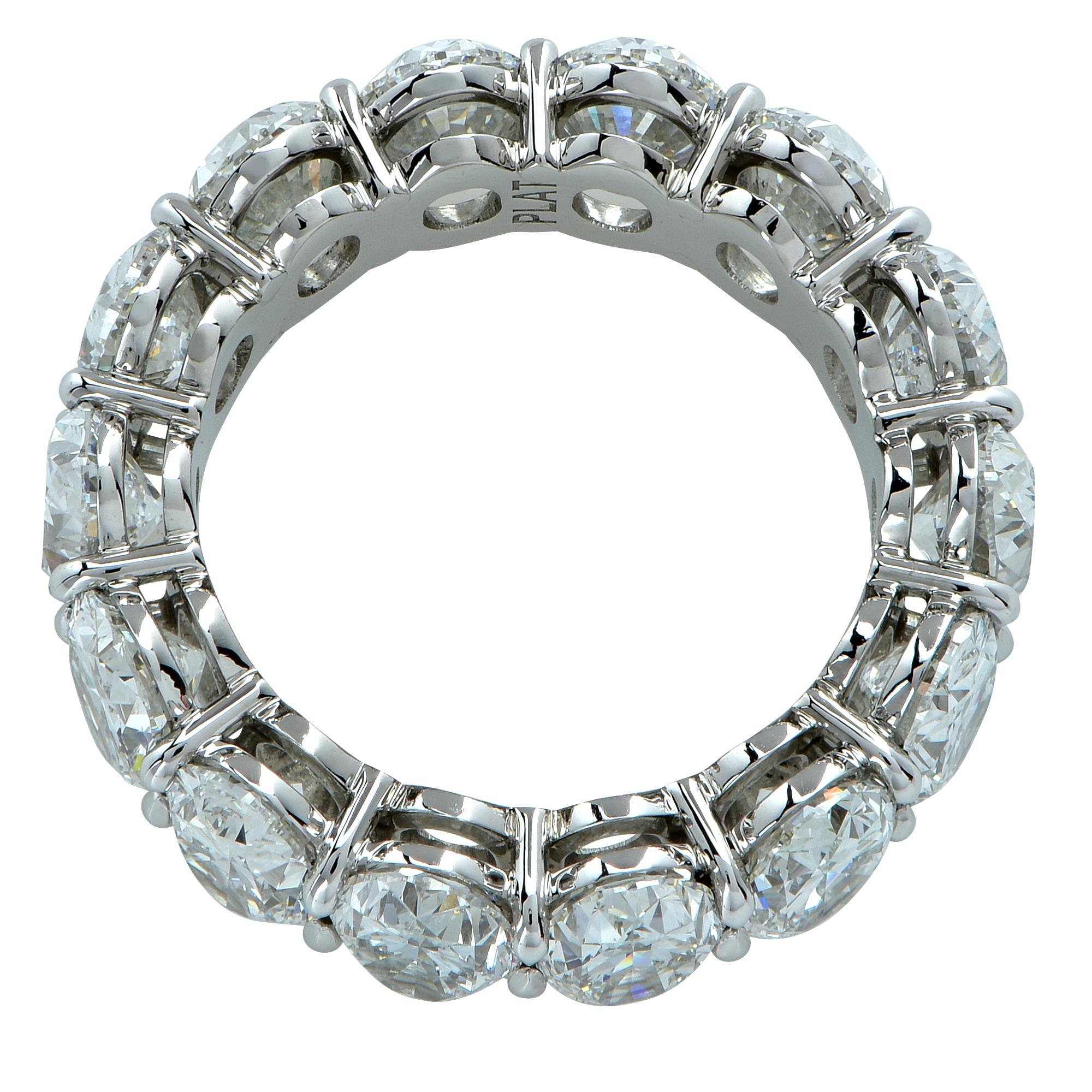 Platinum handmade eternity band featuring 18 oval cut diamonds weighing 4.45cts total D-F color VVS clarity. Each diamond carat weight averages at .24ct.

The ring is a size 6.25.
Measurements are available upon request.
It is stamped and/or tested