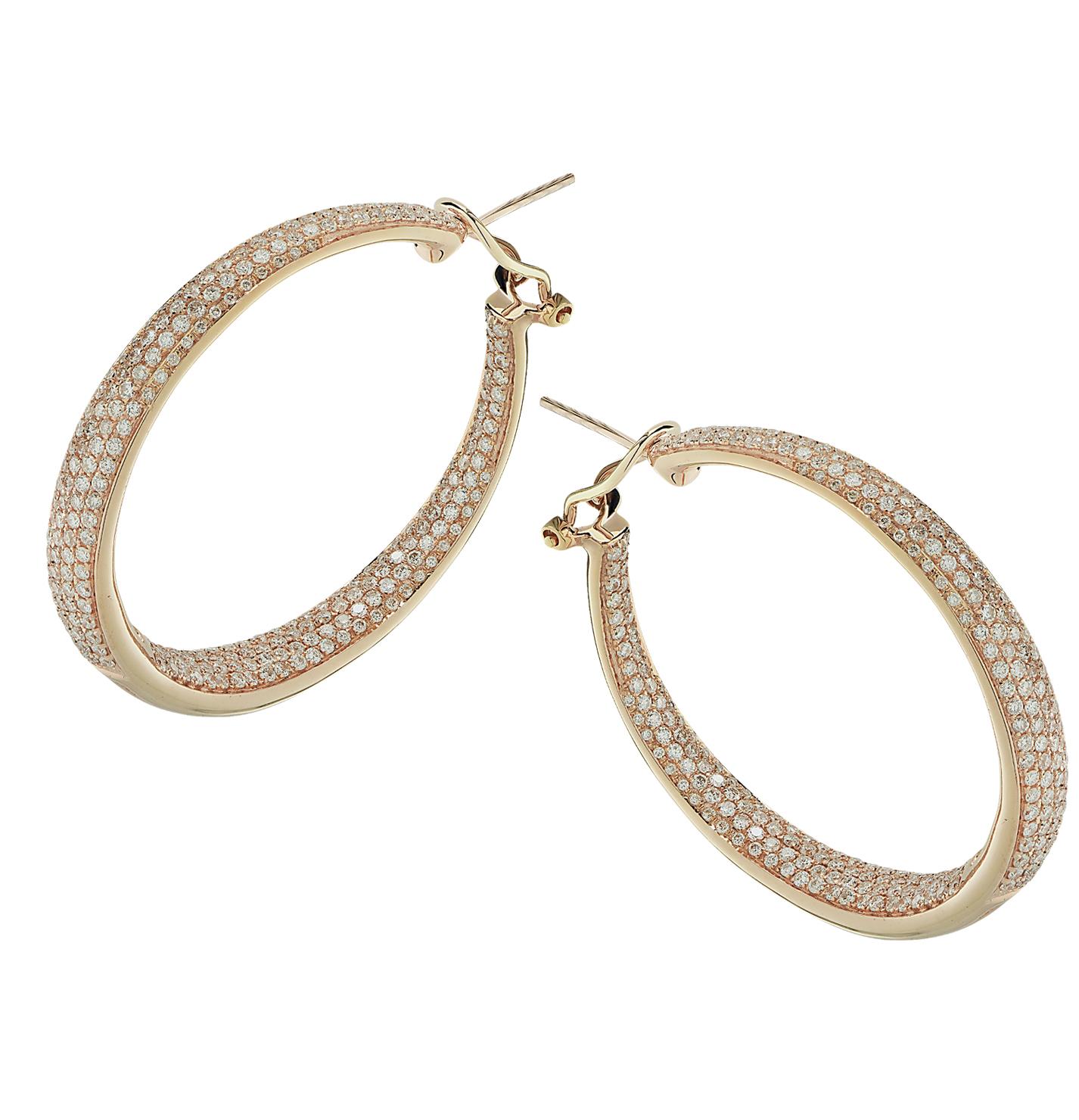 Exquisite Vivid Diamonds In and Out Hoop Earrings crafted in 18 karat rose gold, featuring 250 round brilliant cut diamonds weighing approximately 4.5 carats total, G color, VS clarity. The diamonds are set on the inside and outside of the earrings
