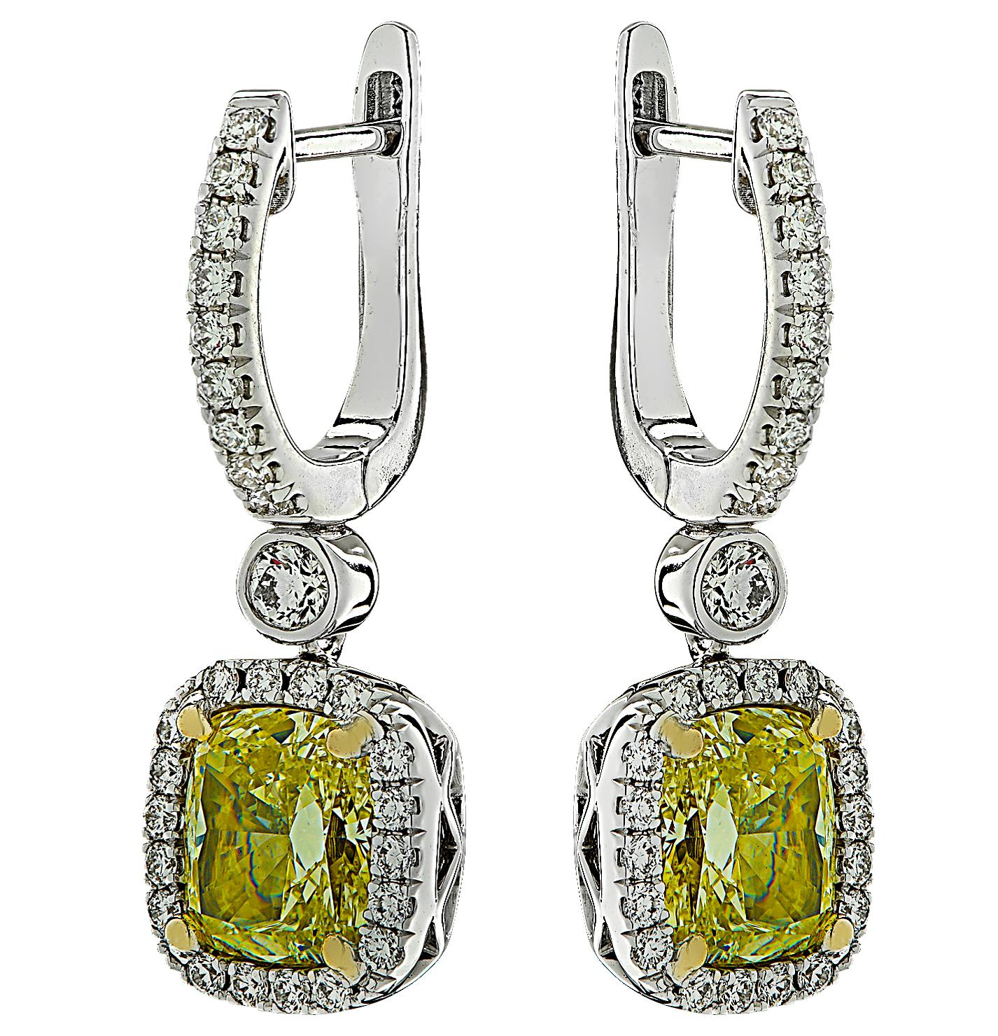 Cushion Cut Vivid Diamonds 4.59 Carat Yellow Diamond Dangle Earrings  For Sale