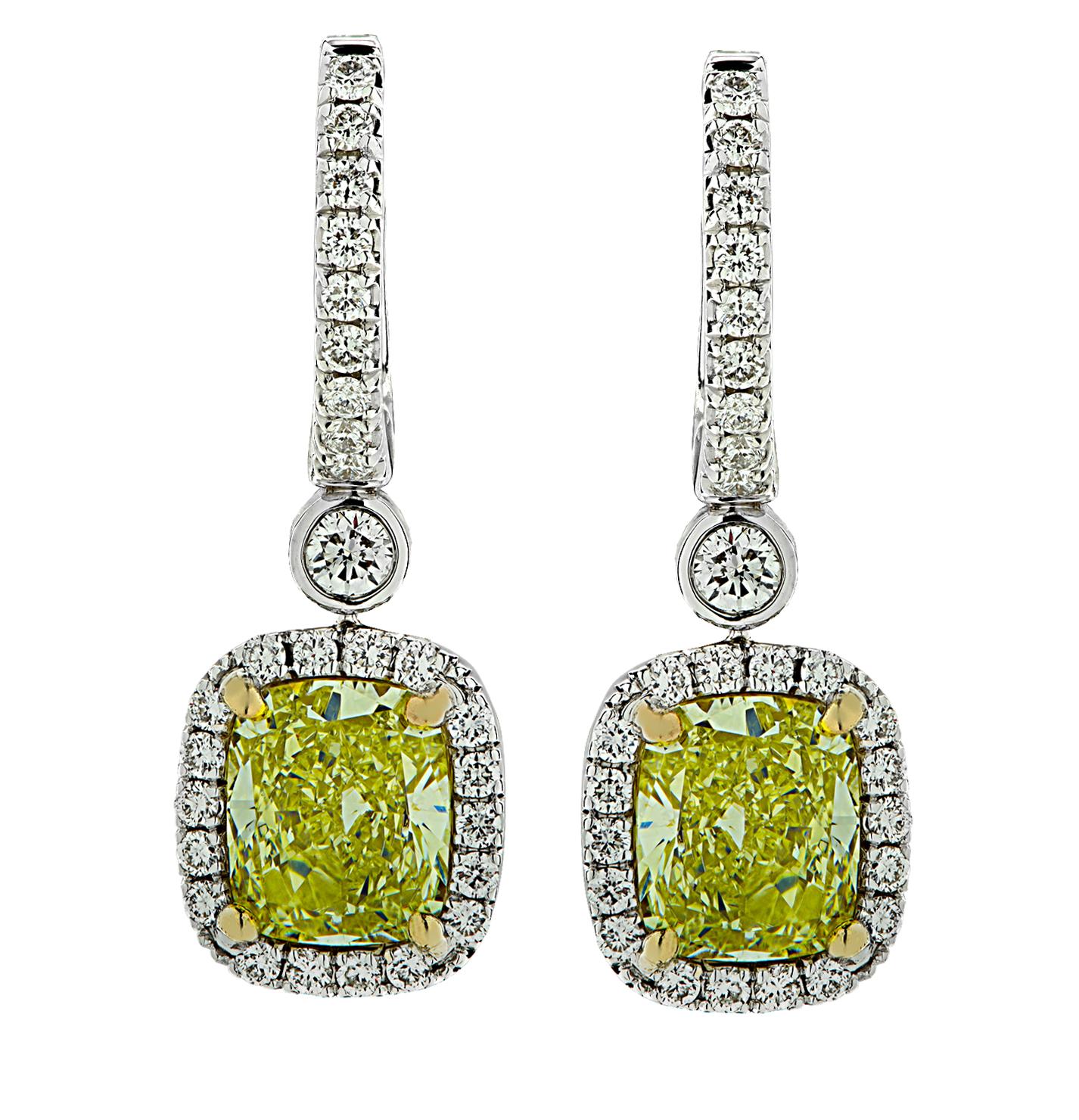 Women's Vivid Diamonds 4.59 Carat Yellow Diamond Dangle Earrings  For Sale