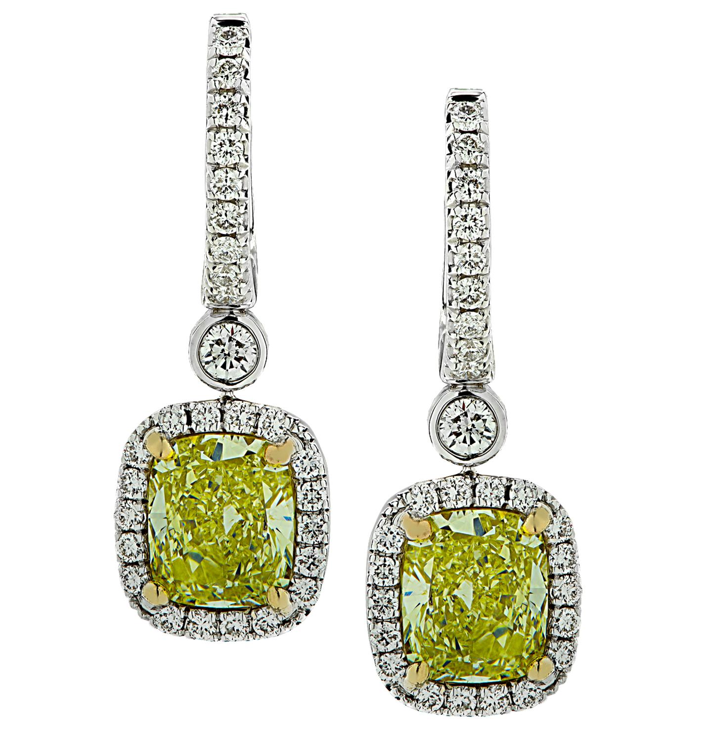 Vivid Diamonds 4.59 Carat Yellow Diamond Dangle Earrings  For Sale 1