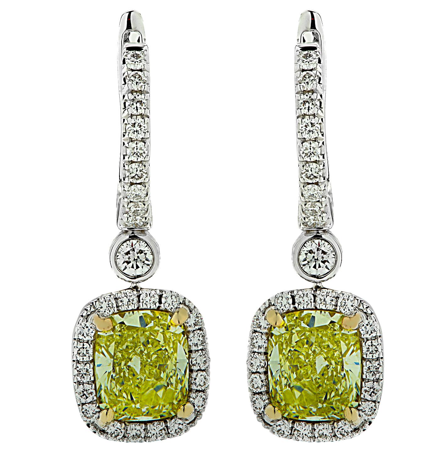 Vivid Diamonds 4.59 Carat Yellow Diamond Dangle Earrings  For Sale 2