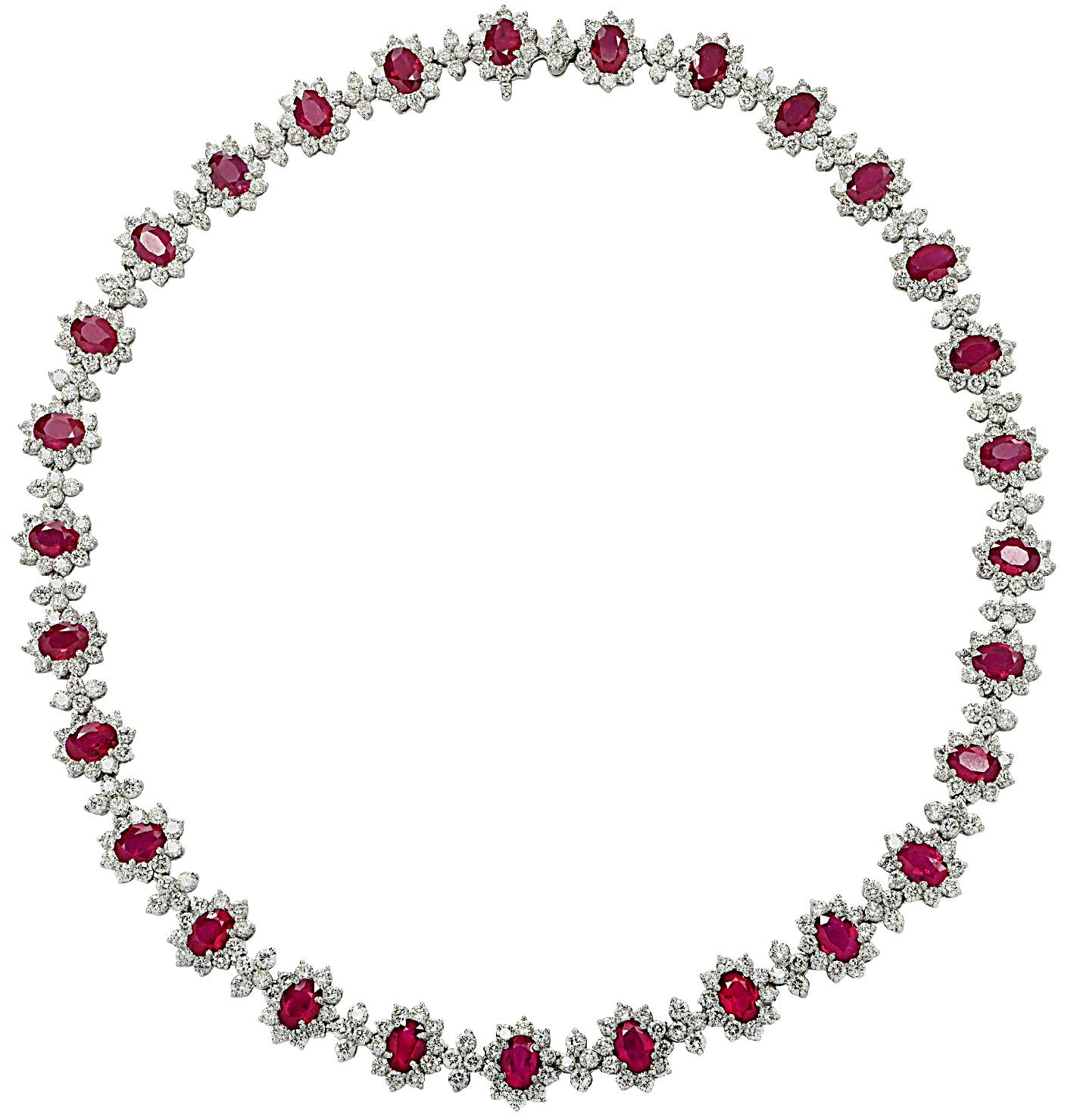 Vivid Diamonds 47.25 Carat Burma Ruby & Diamond Necklace For Sale 1