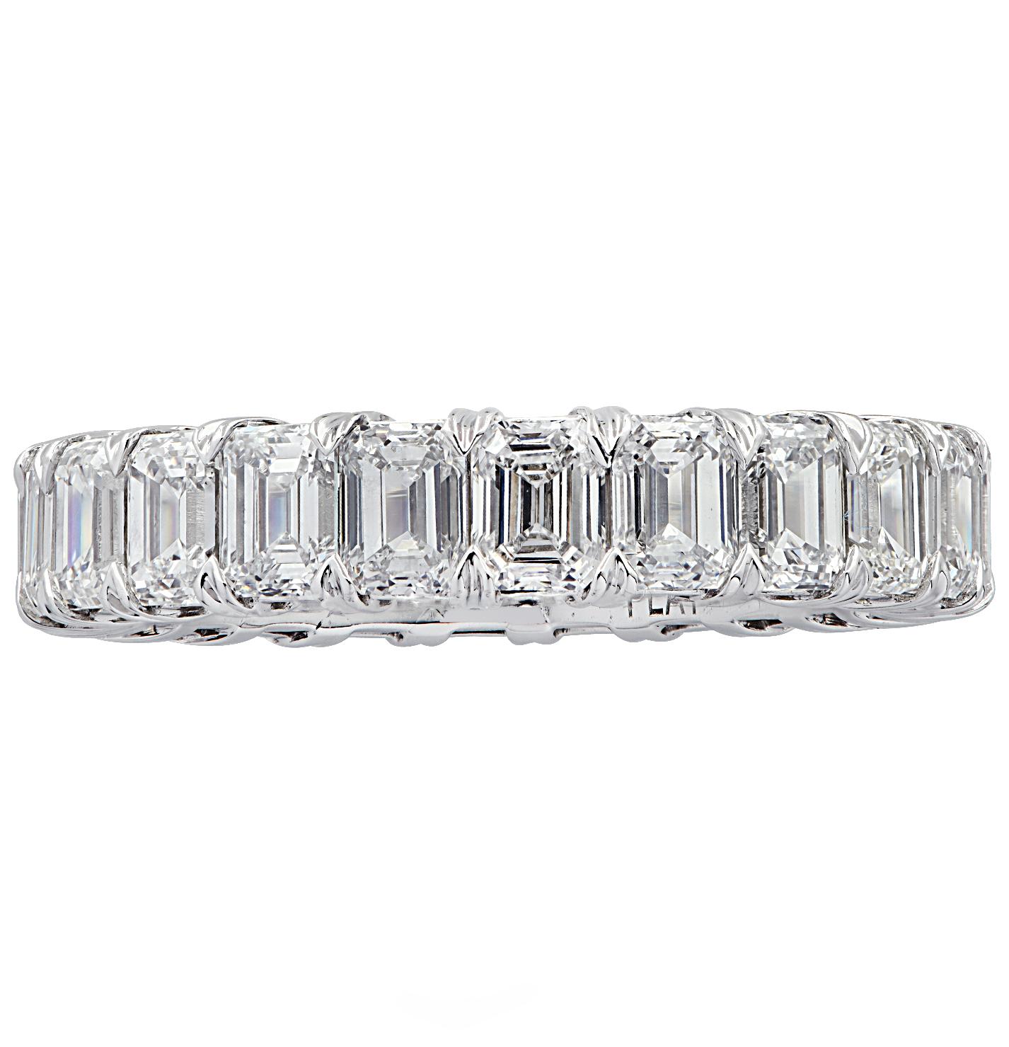 Exquisite Vivid Diamonds eternity band crafted by hand in platinum, showcasing 22 stunning emerald cut diamonds weighing  5.12 carats total, D-F color, IF-VVS clarity. Each diamond is carefully selected, perfectly matched and set in a seamless sea