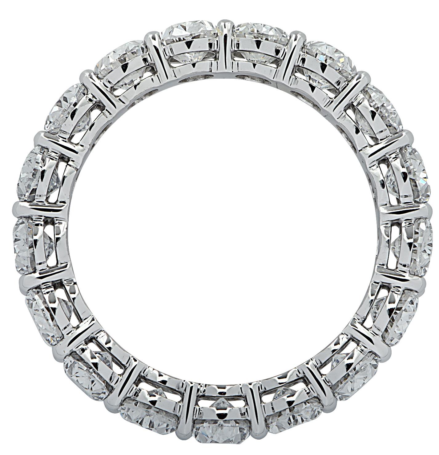 Exquisite Vivid Diamonds eternity band crafted in Platinum, showcasing 17 stunning oval cut diamonds weighing 5.37 carats total, E-F color, VS clarity. Each diamond was carefully selected, perfectly matched and set in a seamless sea of eternity,