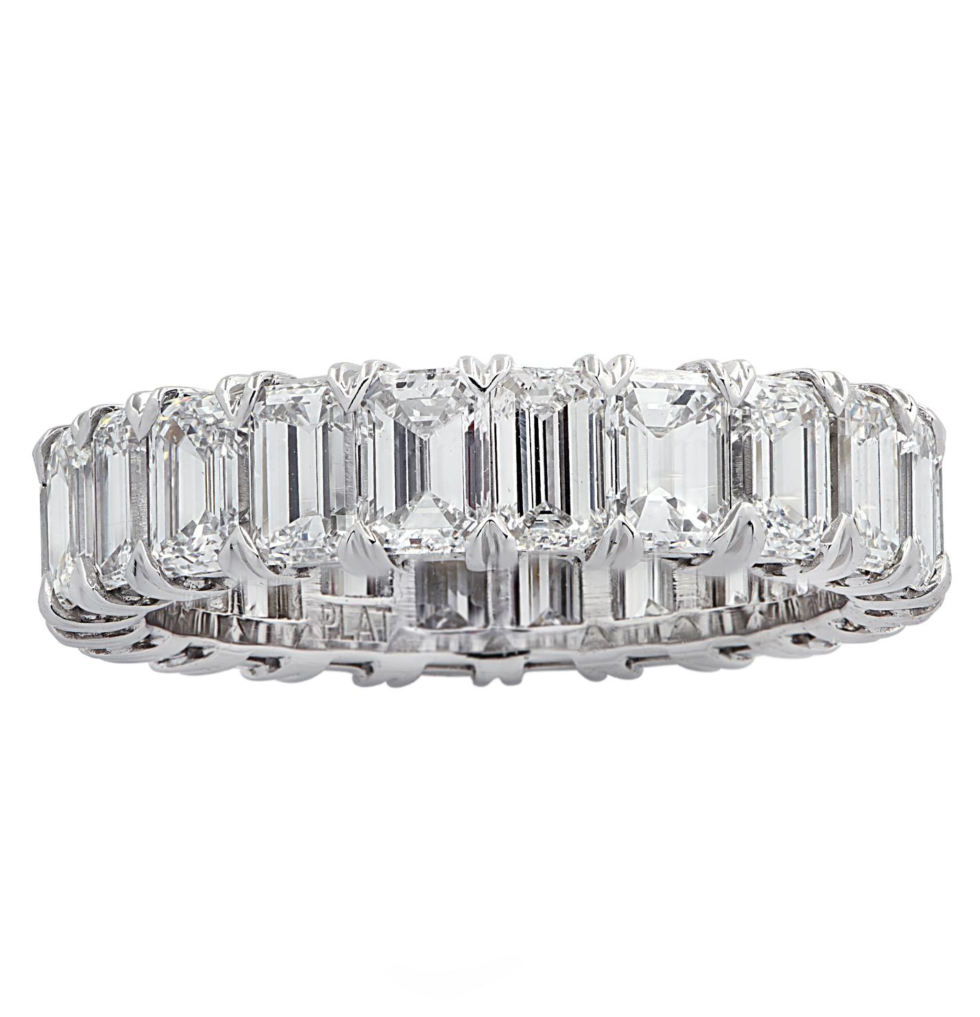 Exquisite Vivid Diamonds eternity band crafted by hand in Platinum, showcasing 22 stunning emerald cut diamonds weighing 5.42 carats total, D-F color, VVS-VS clarity. Each diamond is carefully selected, perfectly matched and set in a seamless sea of