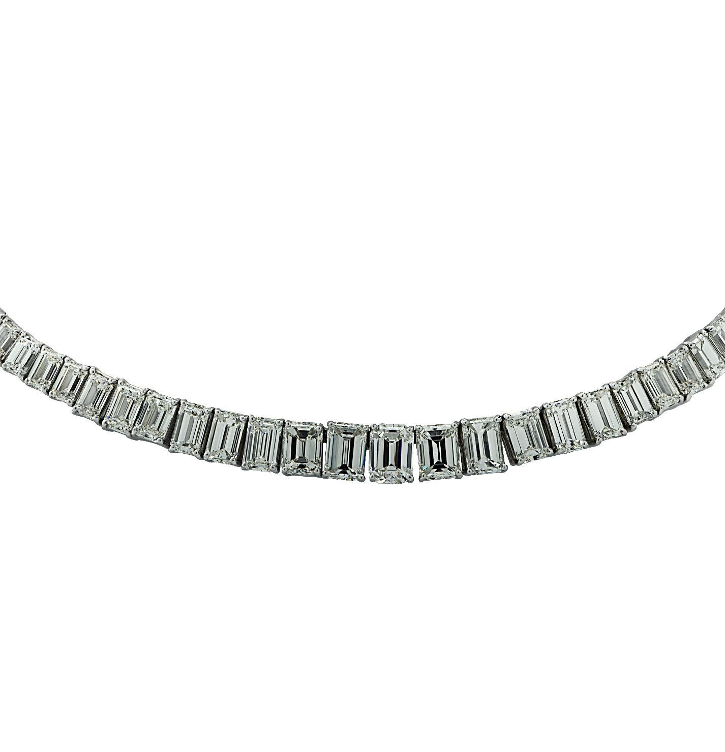 Vivid Diamonds 57.58ct Emerald Cut Diamond Riviera Necklace In New Condition In Miami, FL