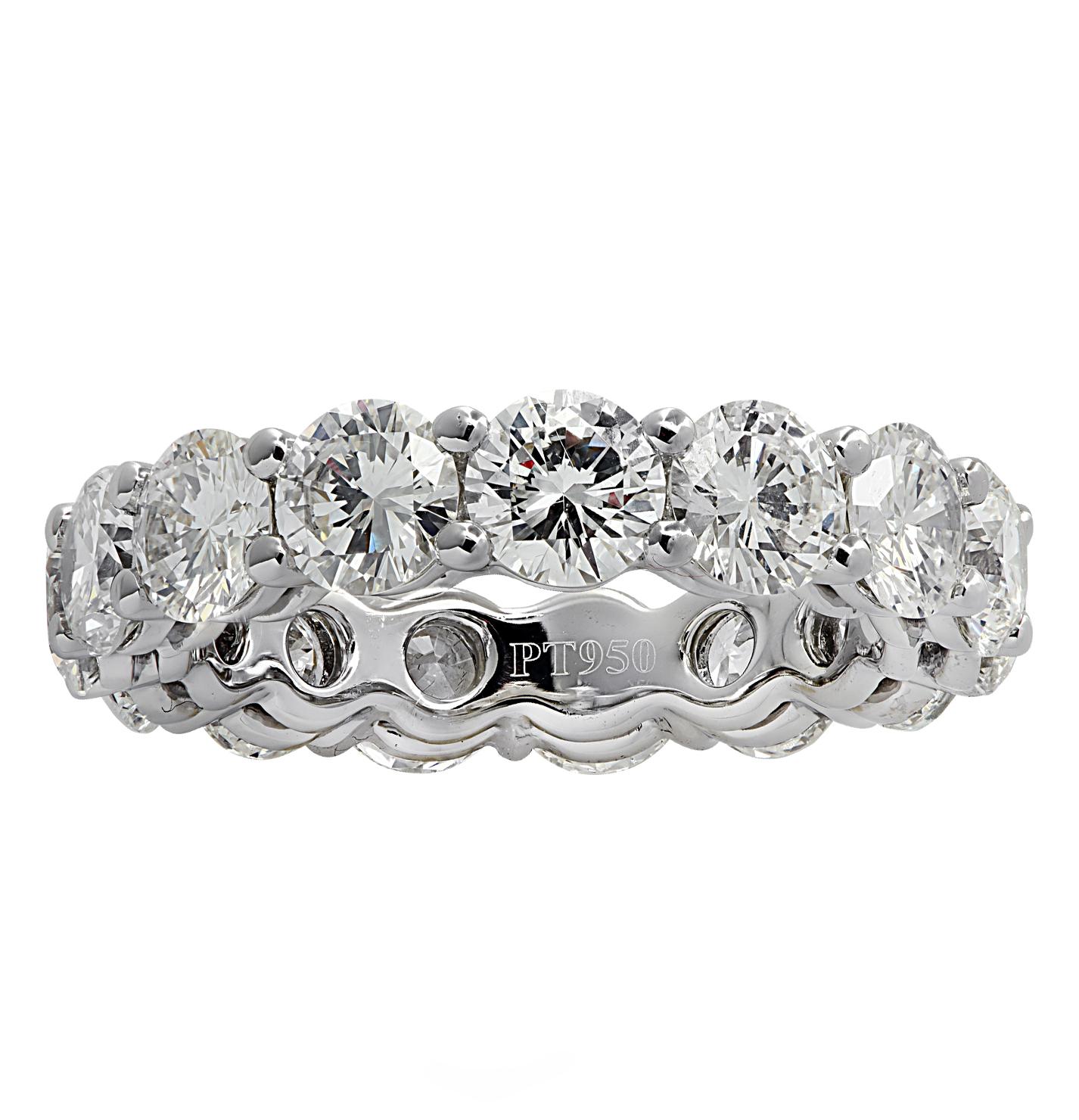 Exquisite eternity band crafted in Platinum, showcasing 15 stunning round brilliant cut diamonds weighing 5.80 carats total, H-I color, VS-SI clarity. Each diamond is carefully selected, perfectly matched and set in a seamless sea of eternity,