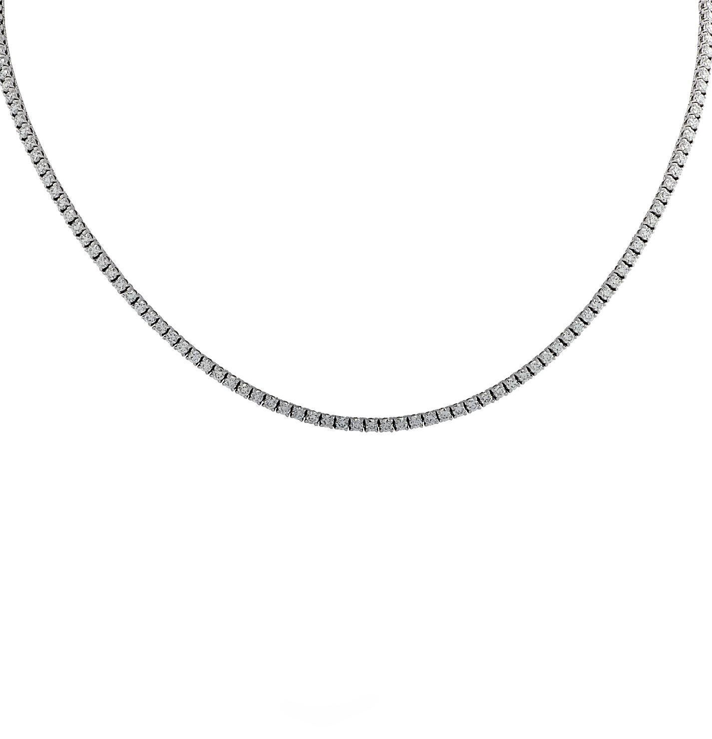 Exquisite Vivid Diamonds straight line diamond necklace crafted in White Gold, showcasing 172 round brilliant cut diamonds weighing 5.85 carats, F-G color, VS-SI Clarity. Each diamond was carefully selected, perfectly matched and set in a seamless
