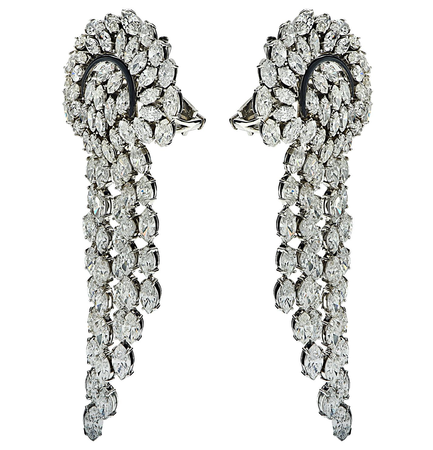 Exquisite Vivid Diamonds chandelier earrings crafted in platinum, featuring 150 marquise diamonds weighing approximately 59.00 carats F-H color, VS-SI clarity. The center of each earring has a subtle black enamel crescent, emulating a crescent moon.