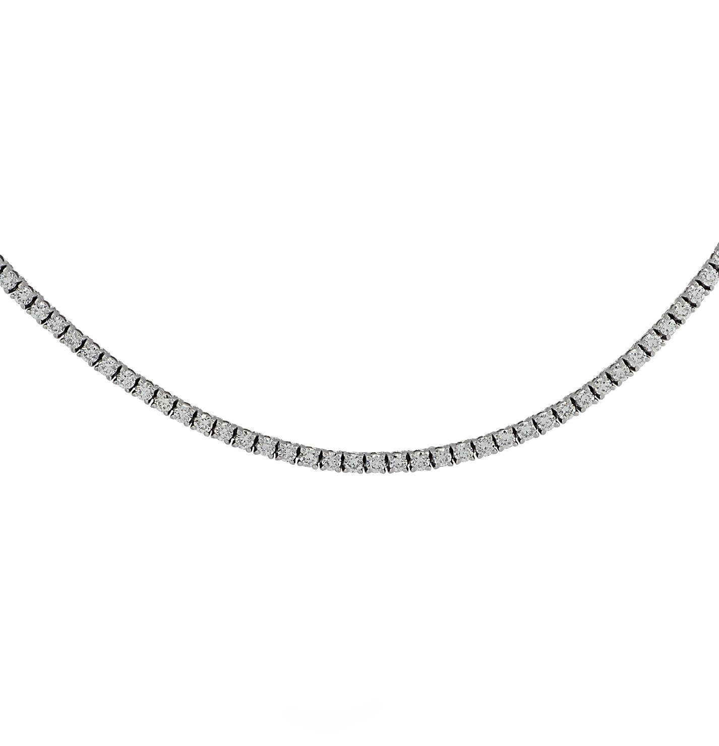 Exquisite Vivid Diamonds Straight Line diamond necklace crafted in White Gold, showcasing 179 round brilliant cut diamonds weighing 5.95 carats, F-G color, VS-SI Clarity. Each diamond was carefully selected, perfectly matched and set in a seamless
