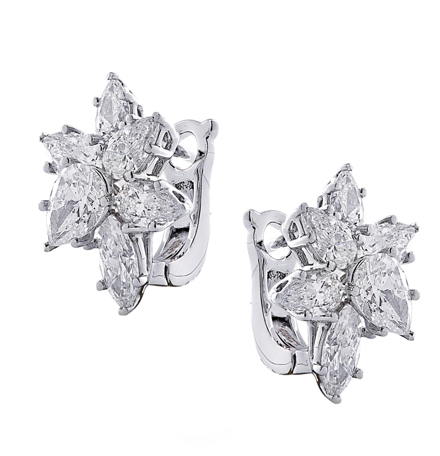 Sensational Vivid Diamonds earrings, custom made in platinum, showcasing 12 pear shape and marquise cut diamonds weighing 6.04 carats total, G-H color SI clarity. The diamonds are arranged in spectacular flowers, capturing the unparalleled beauty of