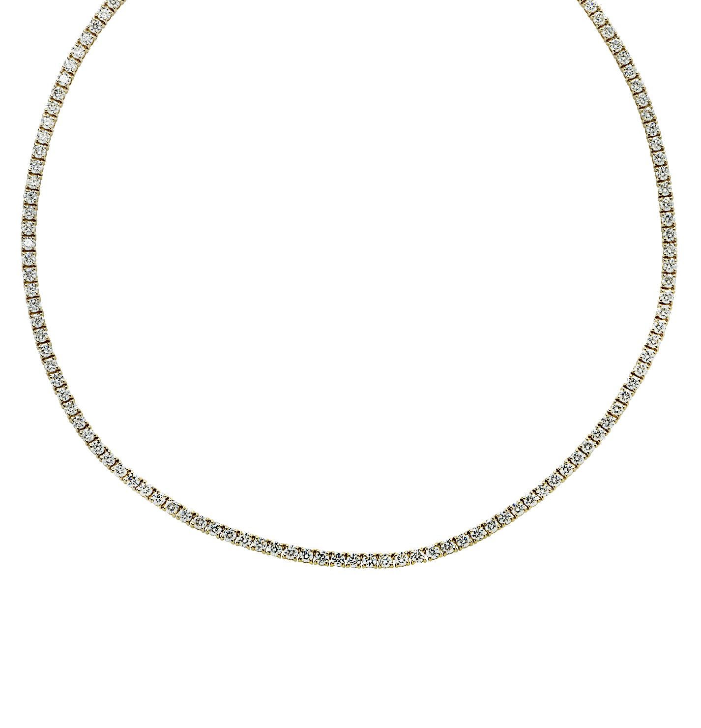 Round Cut Vivid Diamonds 6.37 Carat Straight Line Diamond Tennis Necklace For Sale