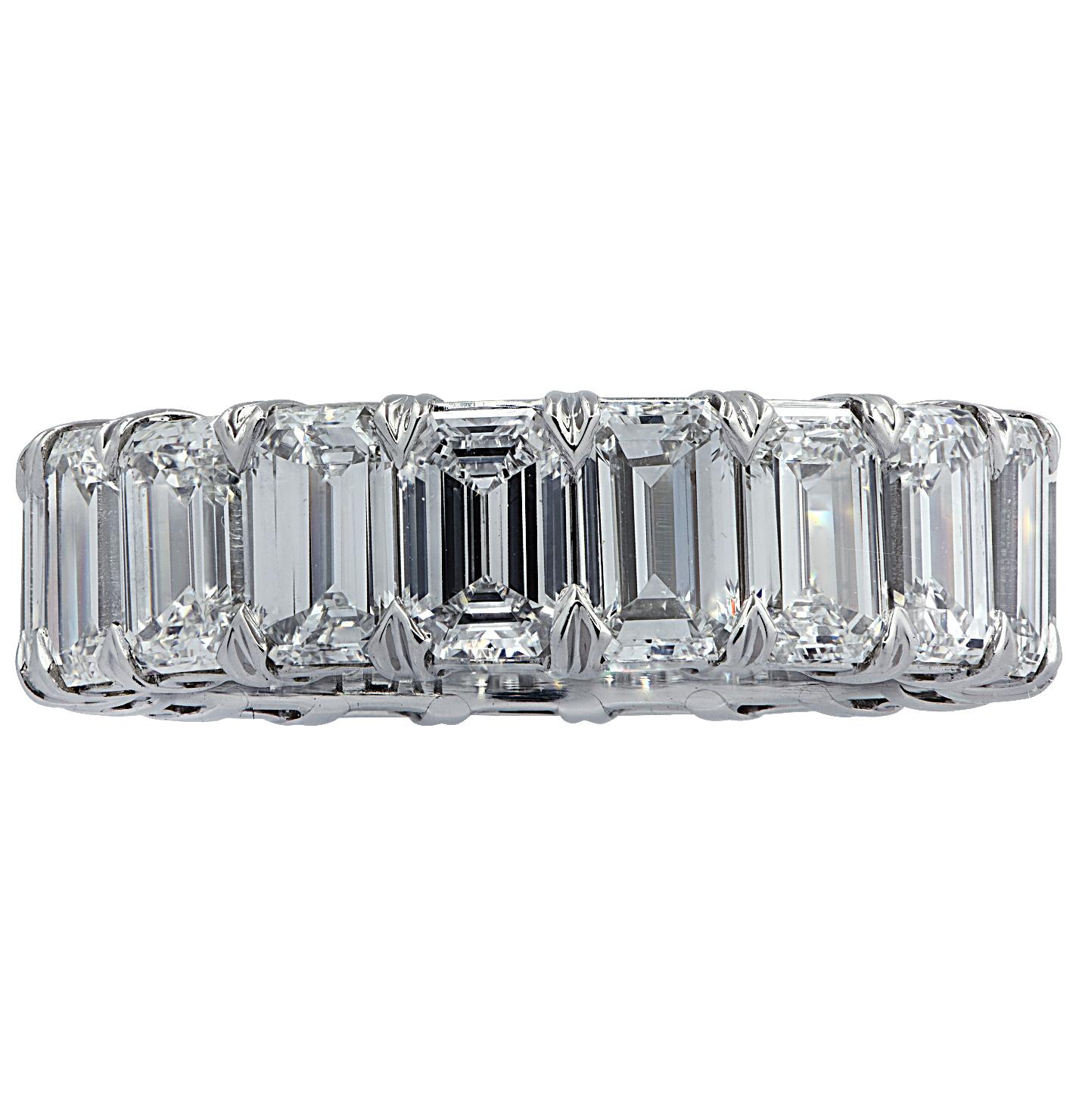 Exquisite Vivid Diamonds eternity band crafted in Platinum, showcasing 19 stunning emerald cut diamonds weighing 6.38 carats total, D-E color, VVS-VS clarity. Each diamond was carefully selected, perfectly matched and set in a seamless sea of