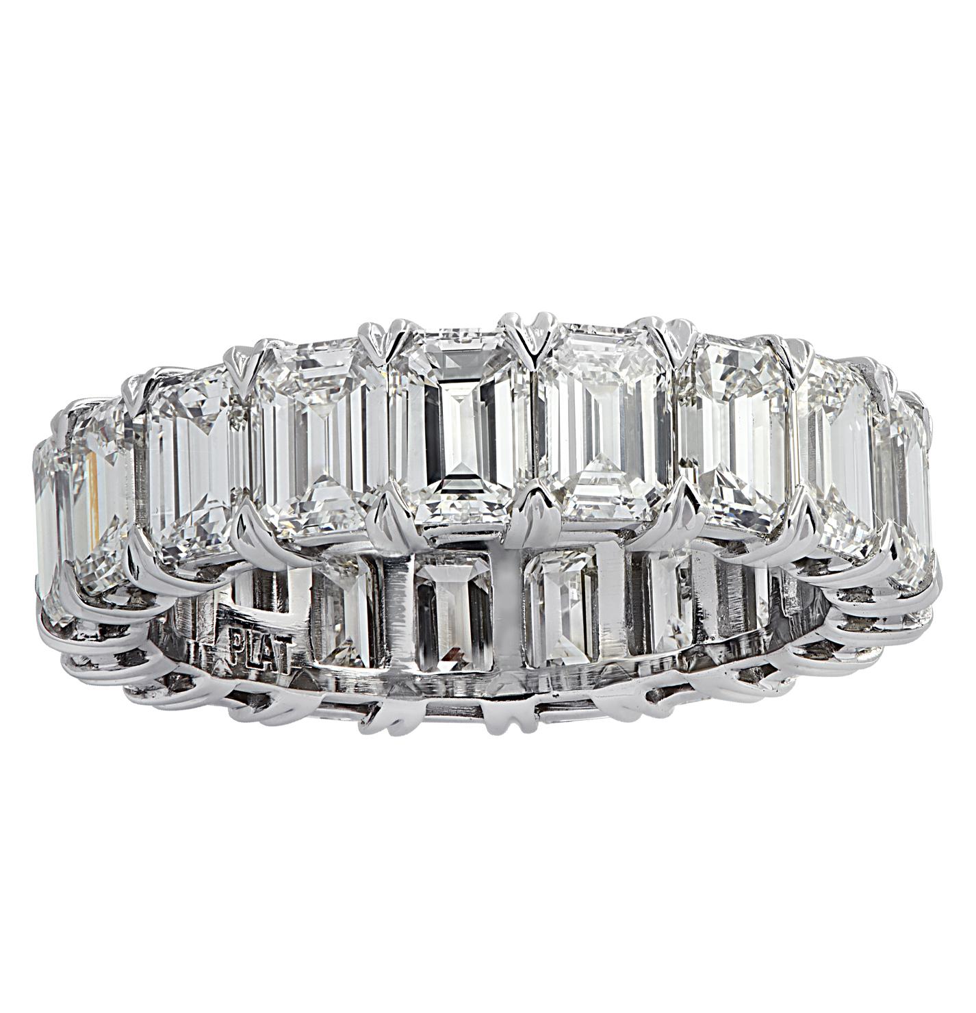 Exquisite Vivid Diamonds eternity band crafted by hand in Platinum, showcasing 19 stunning emerald cut diamonds weighing 6.43 carats total, F-G color, VS clarity. Each diamond is carefully selected, perfectly matched and set in a seamless sea of