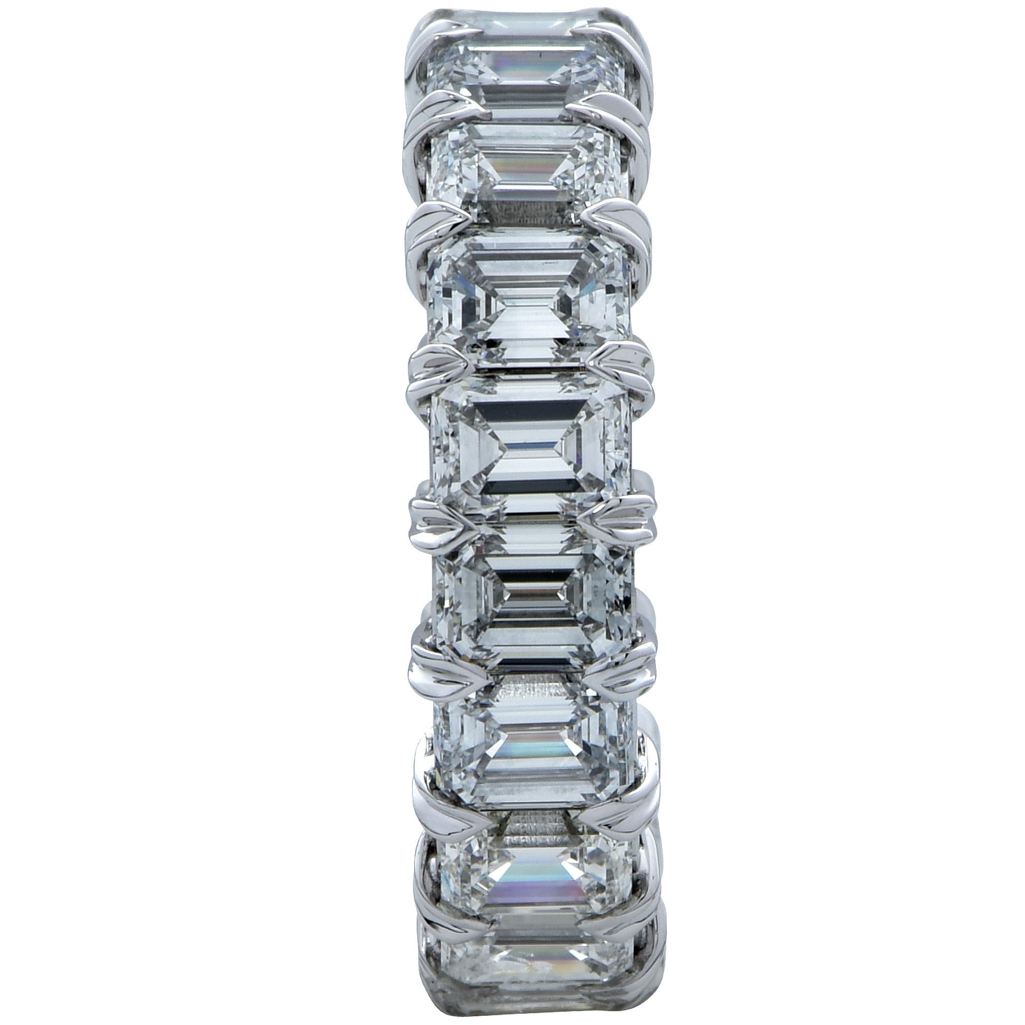 Exquisite Vivid Diamonds eternity band crafted in Platinum, showcasing 20 stunning emerald cut diamonds weighing 6.43 carats total, D- F color, VVS clarity. Each diamond is carefully selected, perfectly matched and set in a seamless sea of eternity,