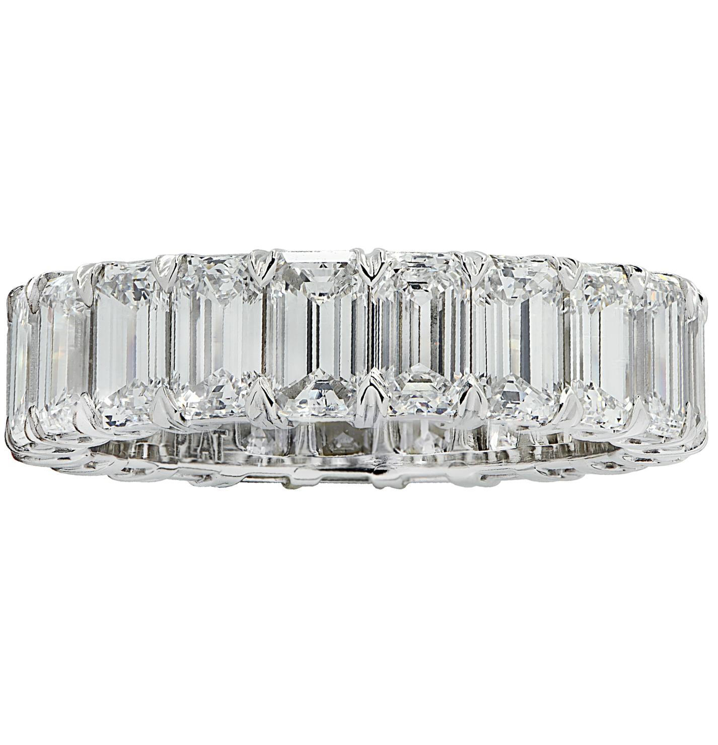Exquisite Vivid Diamonds eternity band crafted in Platinum, showcasing 21 stunning emerald cut diamonds weighing 6.45 carats total, D-F color, VVS-VS clarity. Each diamond was carefully selected, perfectly matched and set in a seamless sea of