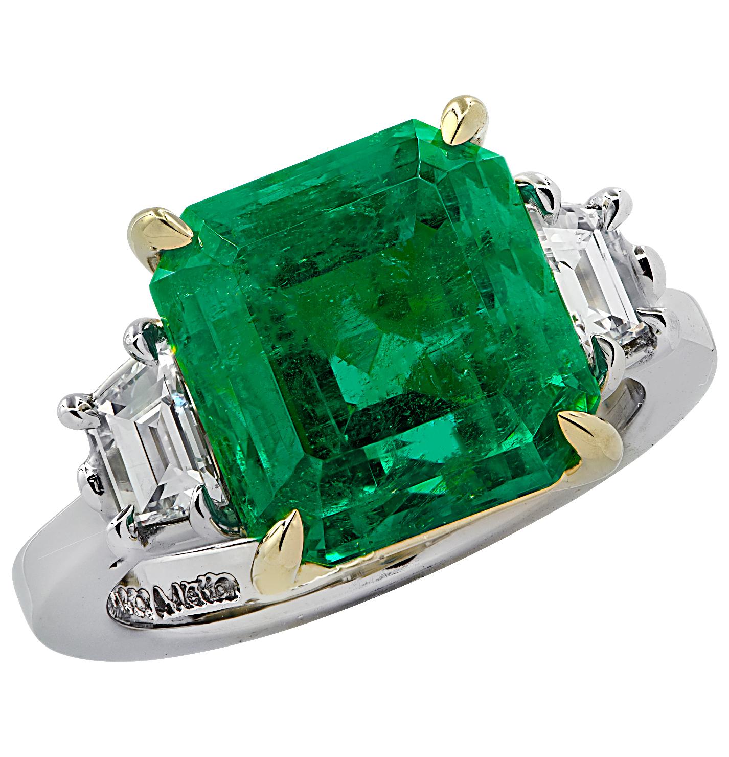 Emerald Cut Vivid Diamonds 6.63 Colombian Emerald and Diamond Ring