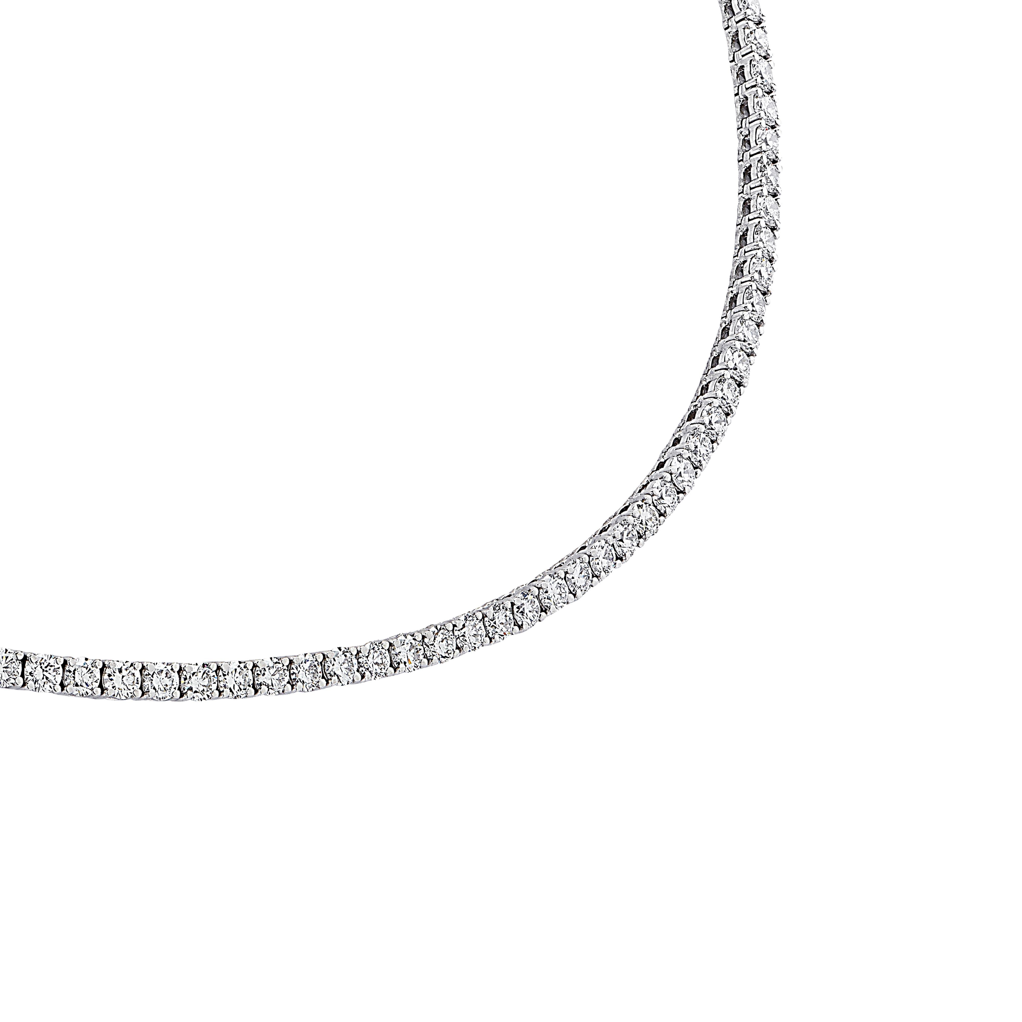 Round Cut Vivid Diamonds 9.37 Carat Straight Line Diamond Tennis Necklace For Sale