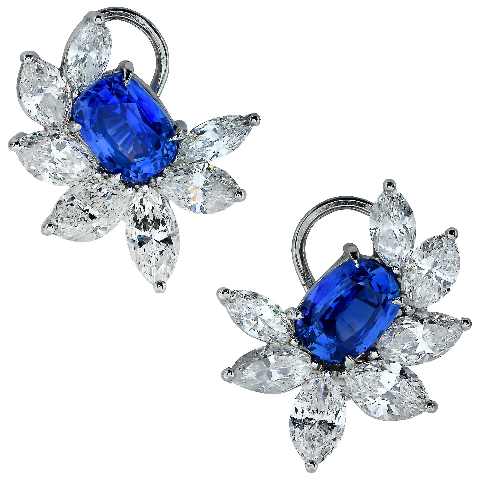 Oval Cut Vivid Diamonds 9.54 Carat Diamond and Sapphire Lever-Back Earrings