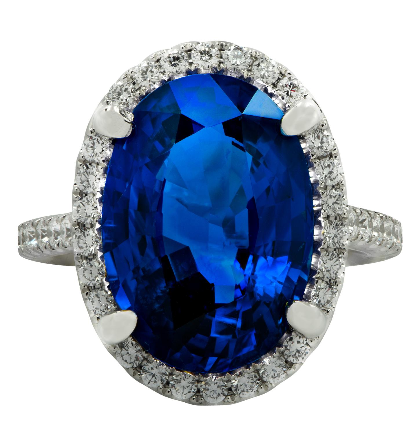 Modern Vivid Diamonds 9.68 Carat Sapphire and Diamond Halo Ring
