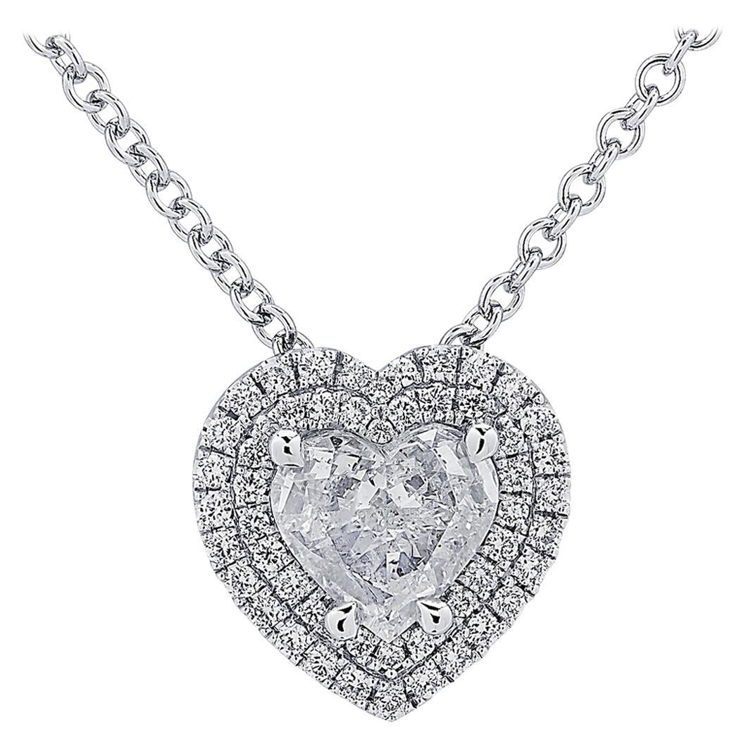 Herz-Halskette mit lebhaften Diamanten, 0,98 Karat Diamant-Doppelhalo im Angebot