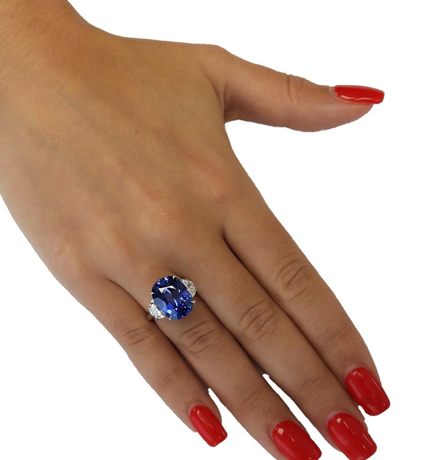 Modern Vivid Diamonds AGL Certified 12.8 Carat Sapphire & Diamond Three Stone Ring