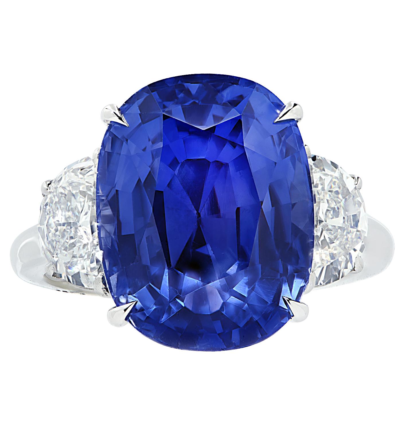 Women's Vivid Diamonds AGL Certified 12.8 Carat Sapphire & Diamond Three Stone Ring