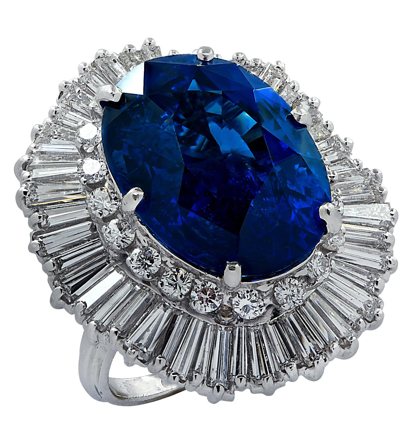 Modern Vivid Diamonds AGL Certified 21.19 Carat Sapphire and Diamond Ballerina Ring For Sale