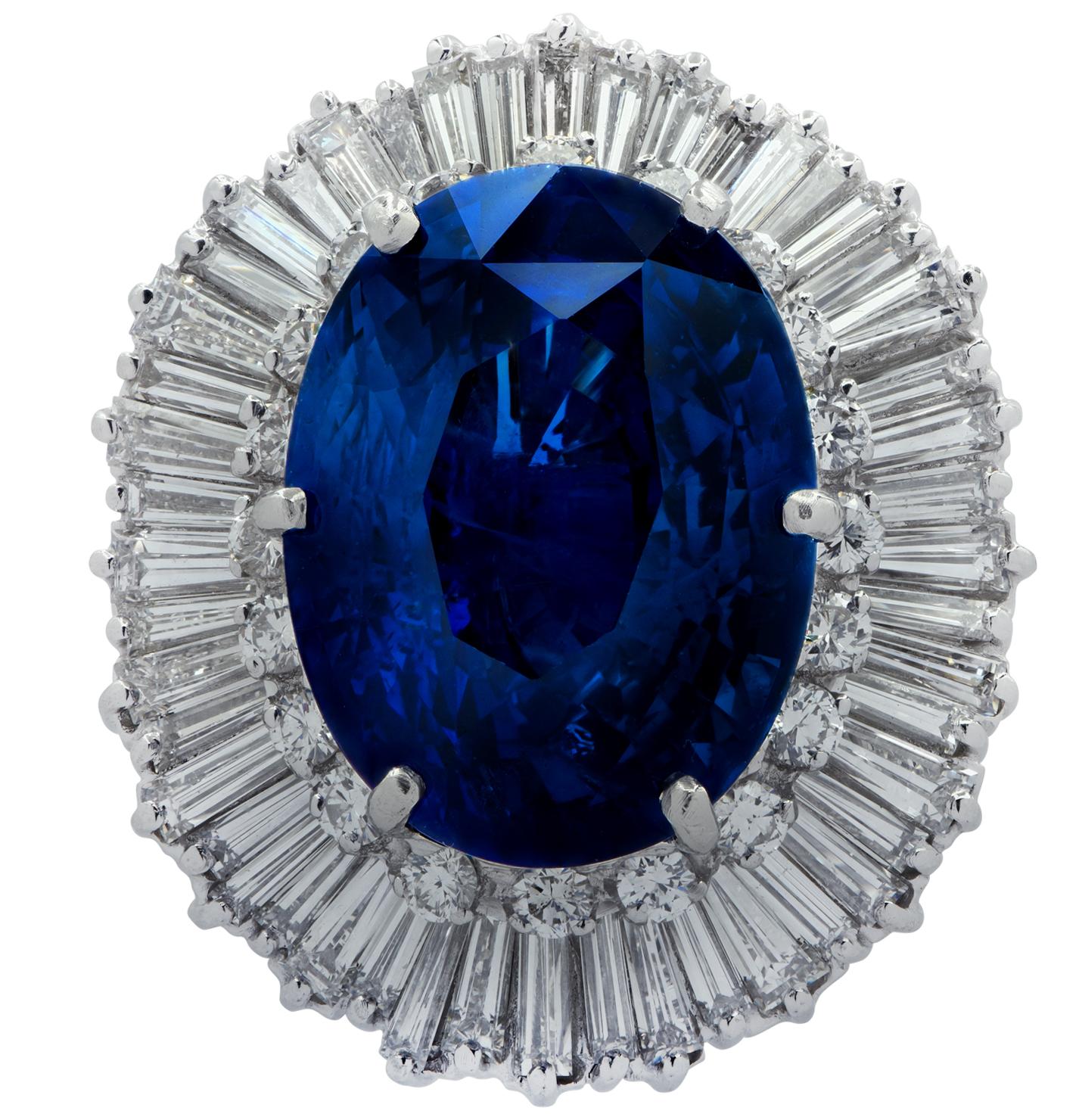 Oval Cut Vivid Diamonds AGL Certified 21.19 Carat Sapphire and Diamond Ballerina Ring For Sale