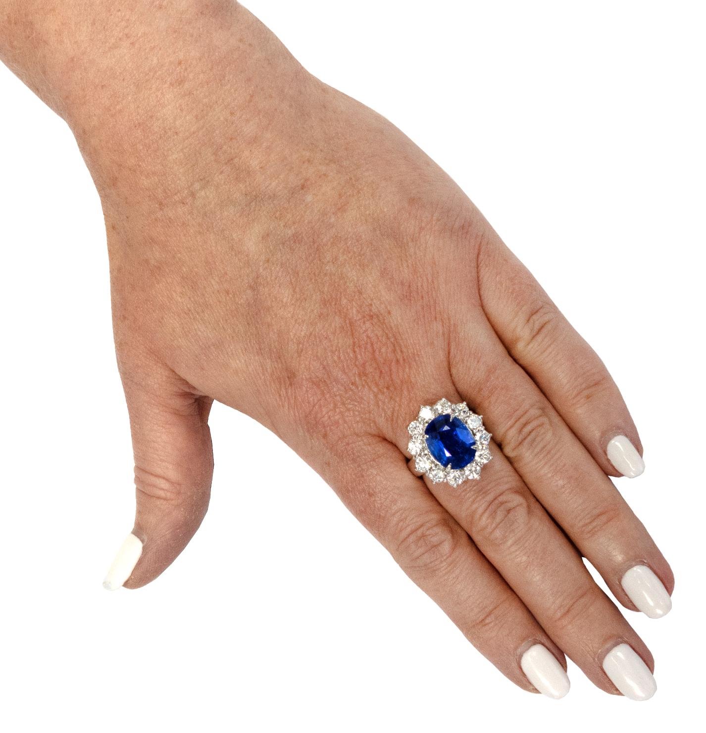 Modern Vivid Diamonds AGL Certified 5.91 Carat Burma No Heat Sapphire & Diamond Ring For Sale