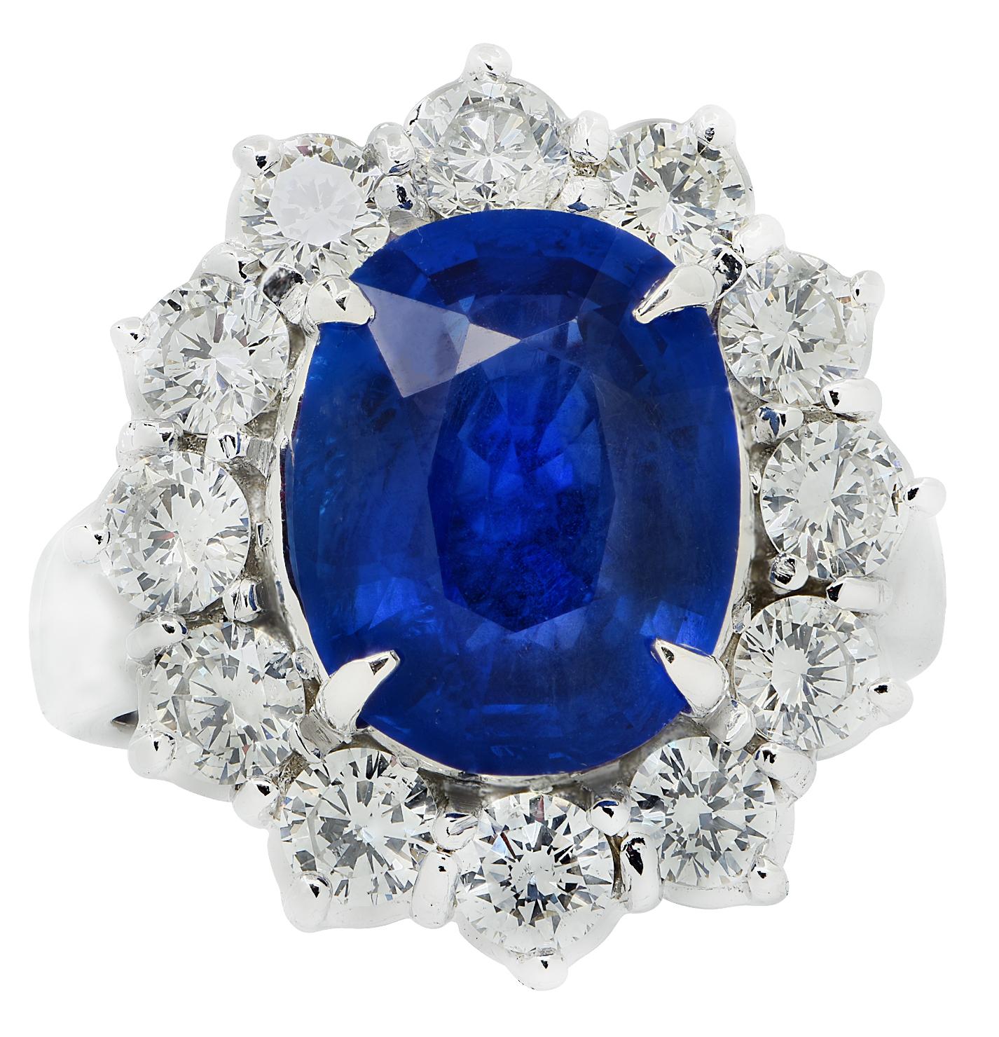 Oval Cut Vivid Diamonds AGL Certified 5.91 Carat Burma No Heat Sapphire & Diamond Ring For Sale