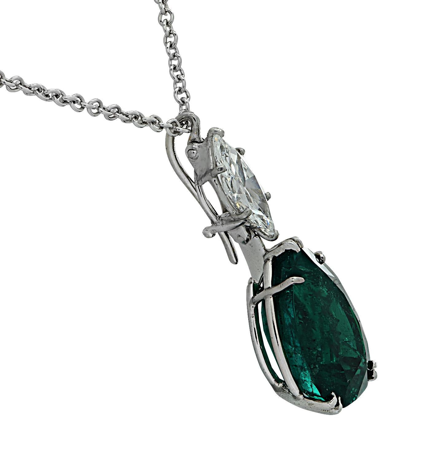 Pear Cut Vivid Diamonds AGL Certified 6.54 Carat Emerald and Diamond Necklace