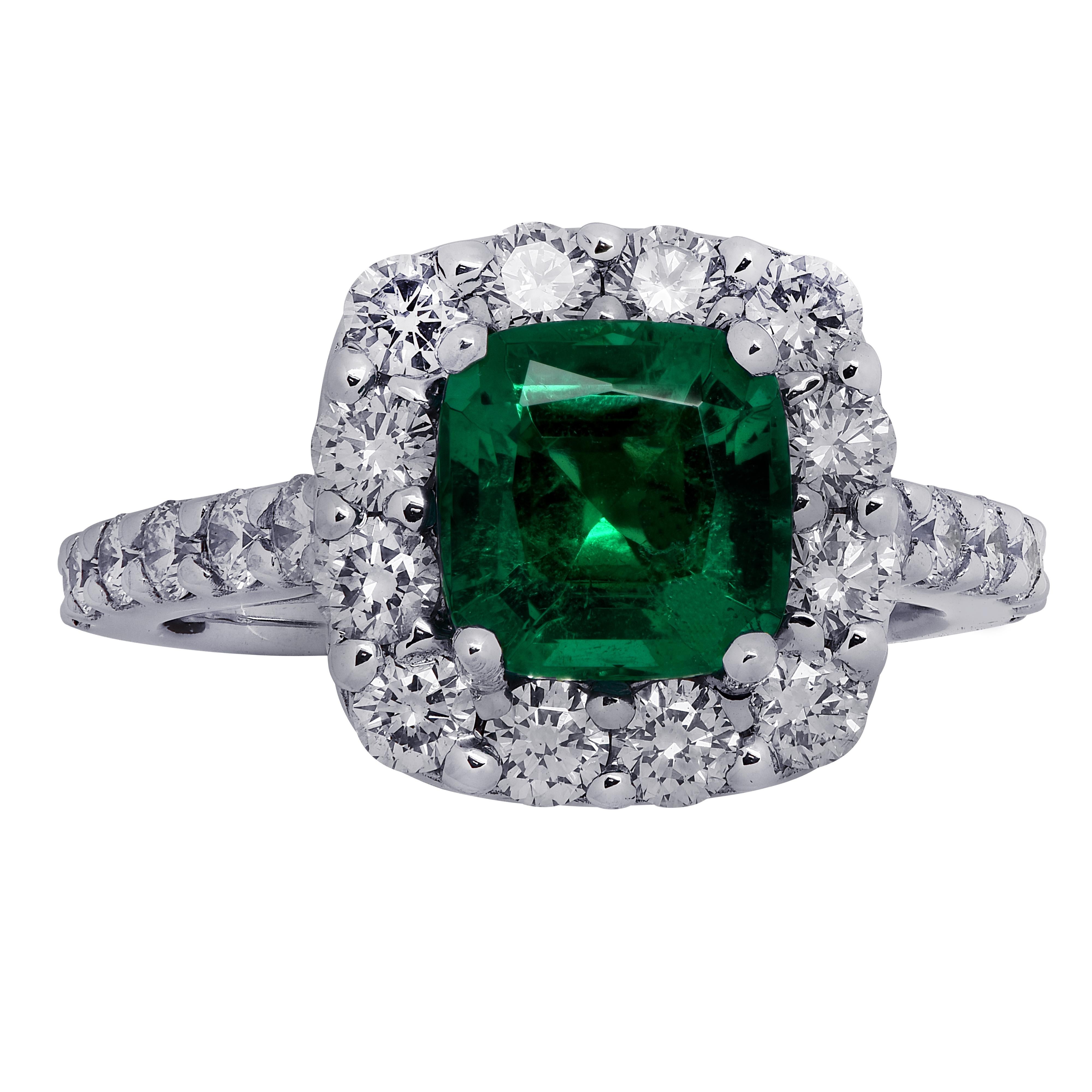 Cushion Cut Vivid Diamonds AGL Certified Colombian Emerald Ring
