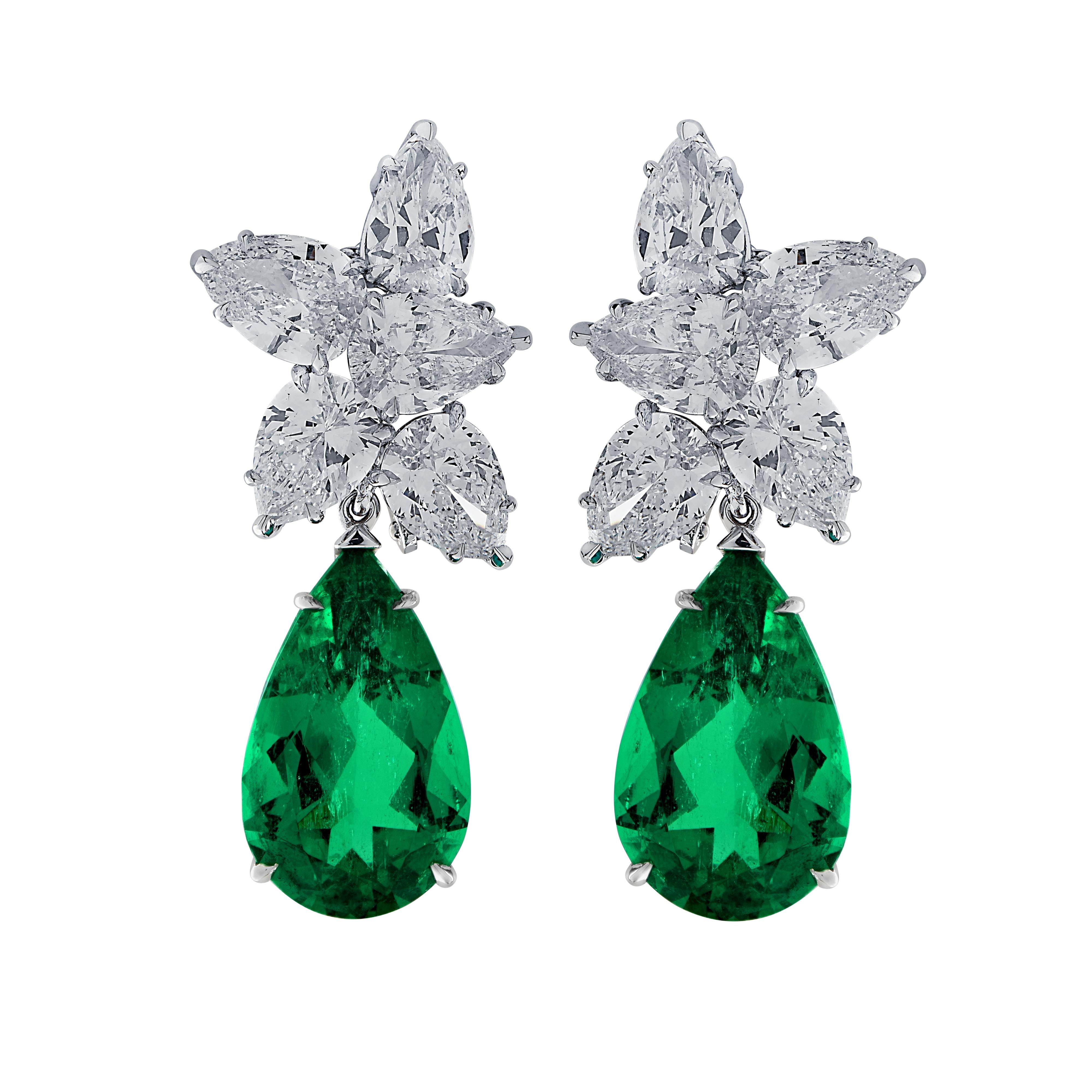 Pear Cut Vivid Diamonds AGL Certified Emerald and Diamond Day and Night Earrings