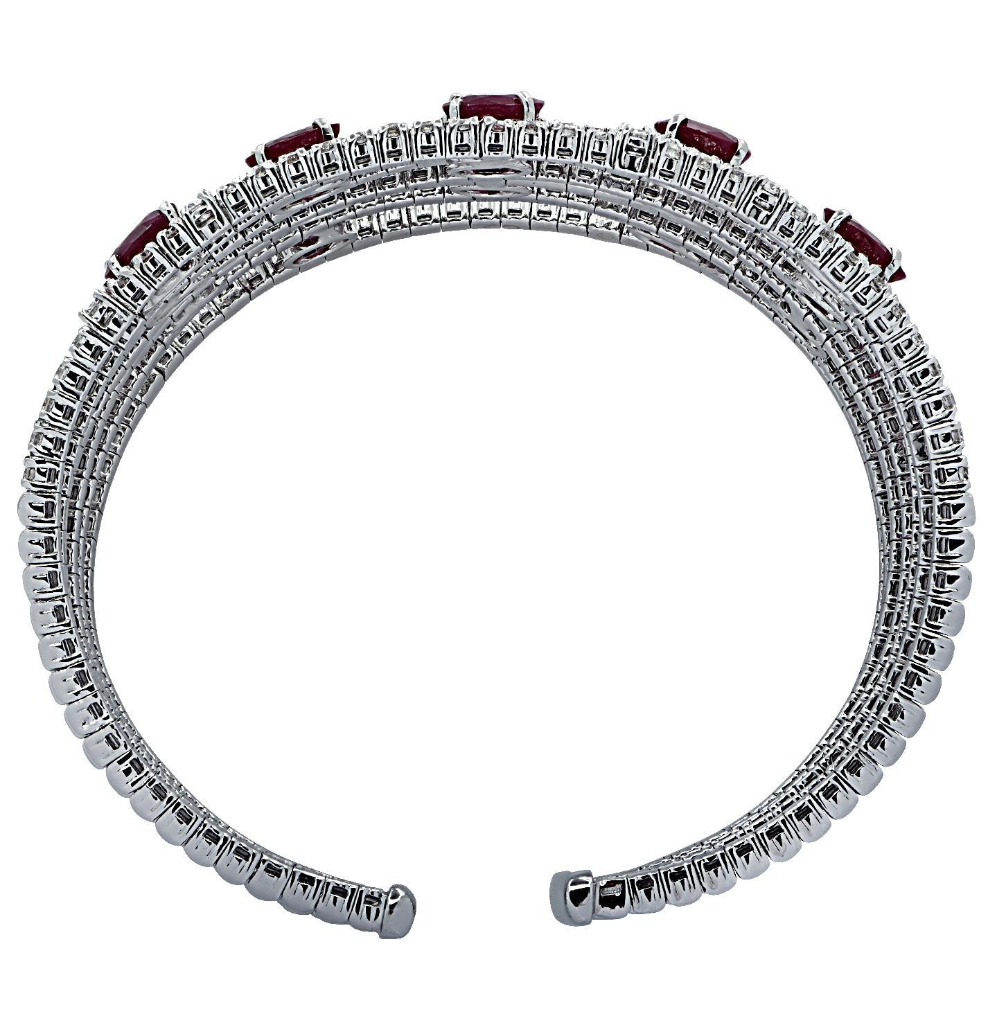 Oval Cut Vivid Diamonds Burma Ruby & Diamon Cuff Bangle Bracelet For Sale