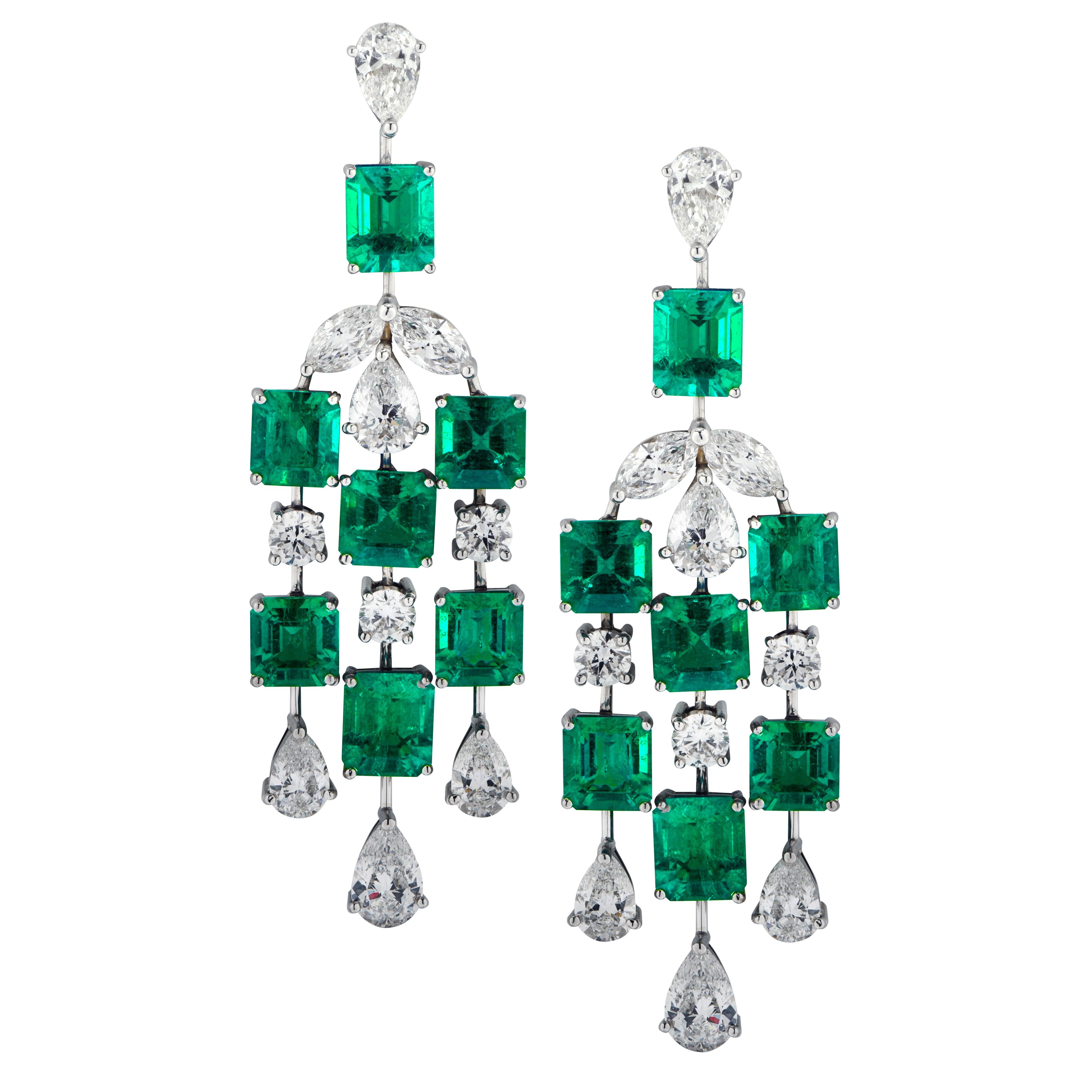 Emerald Cut Vivid Diamonds Colombian Emerald and Diamond Dangle Earrings For Sale