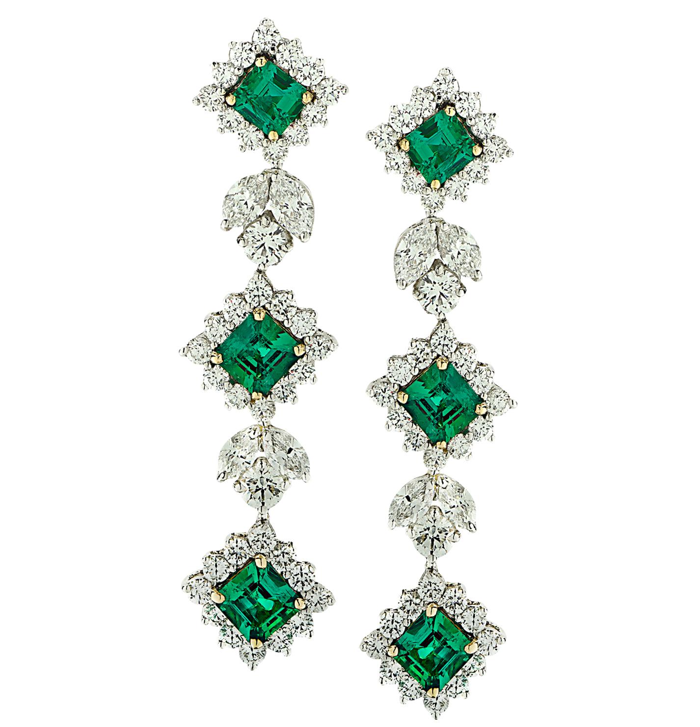 Emerald Cut Vivid Diamonds Emerald and Diamond Dangle Earrings