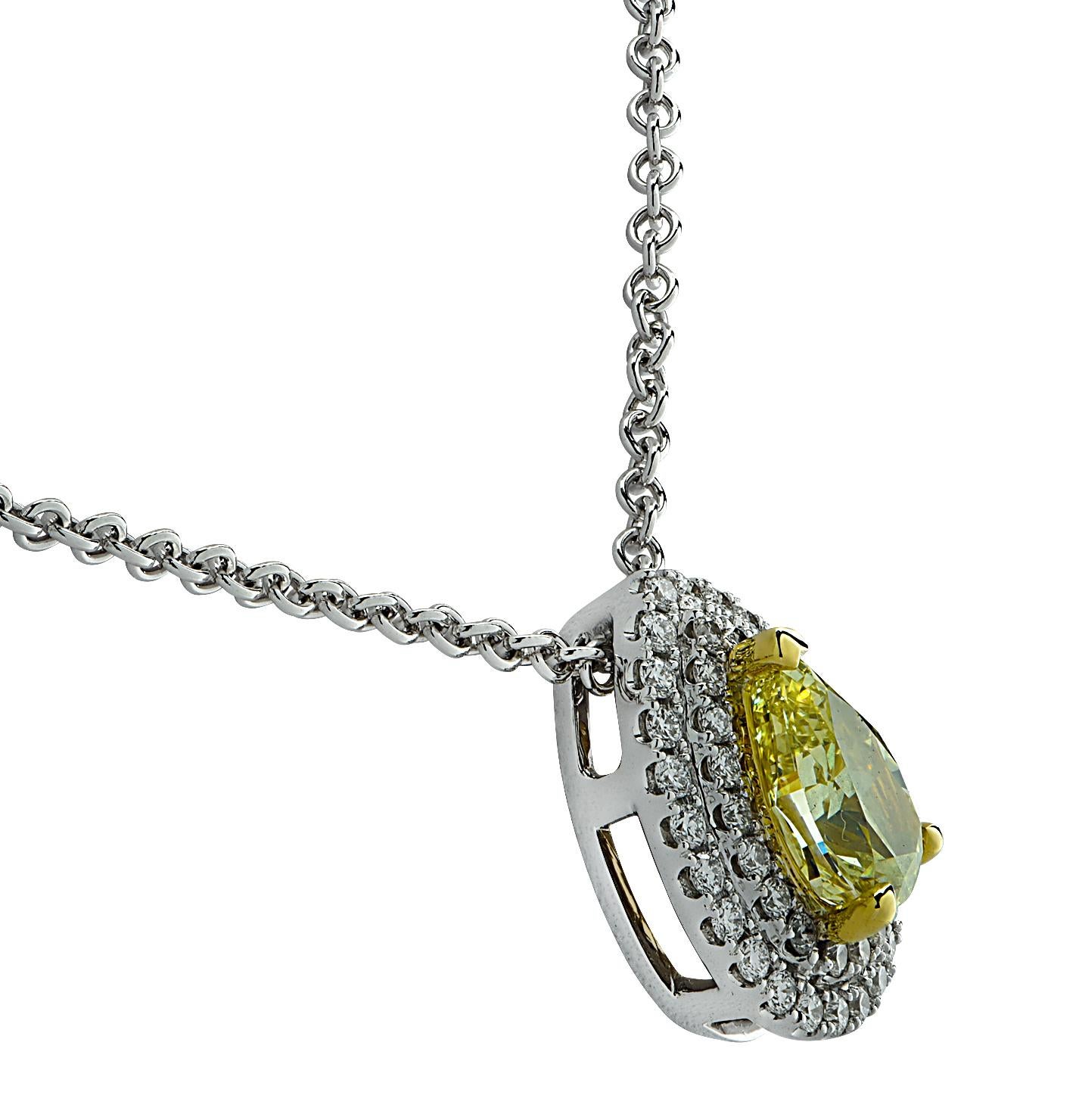 Pear Cut Vivid Diamonds GIA Certified 1.01 Carat Fancy Yellow Diamond Pendant Necklace For Sale